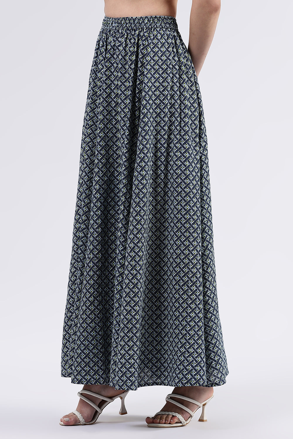 Mythri Women’s Cotton Blend Butta Stripe Kali Skirt with Elastic Waistband Full Length - Blue - SK05