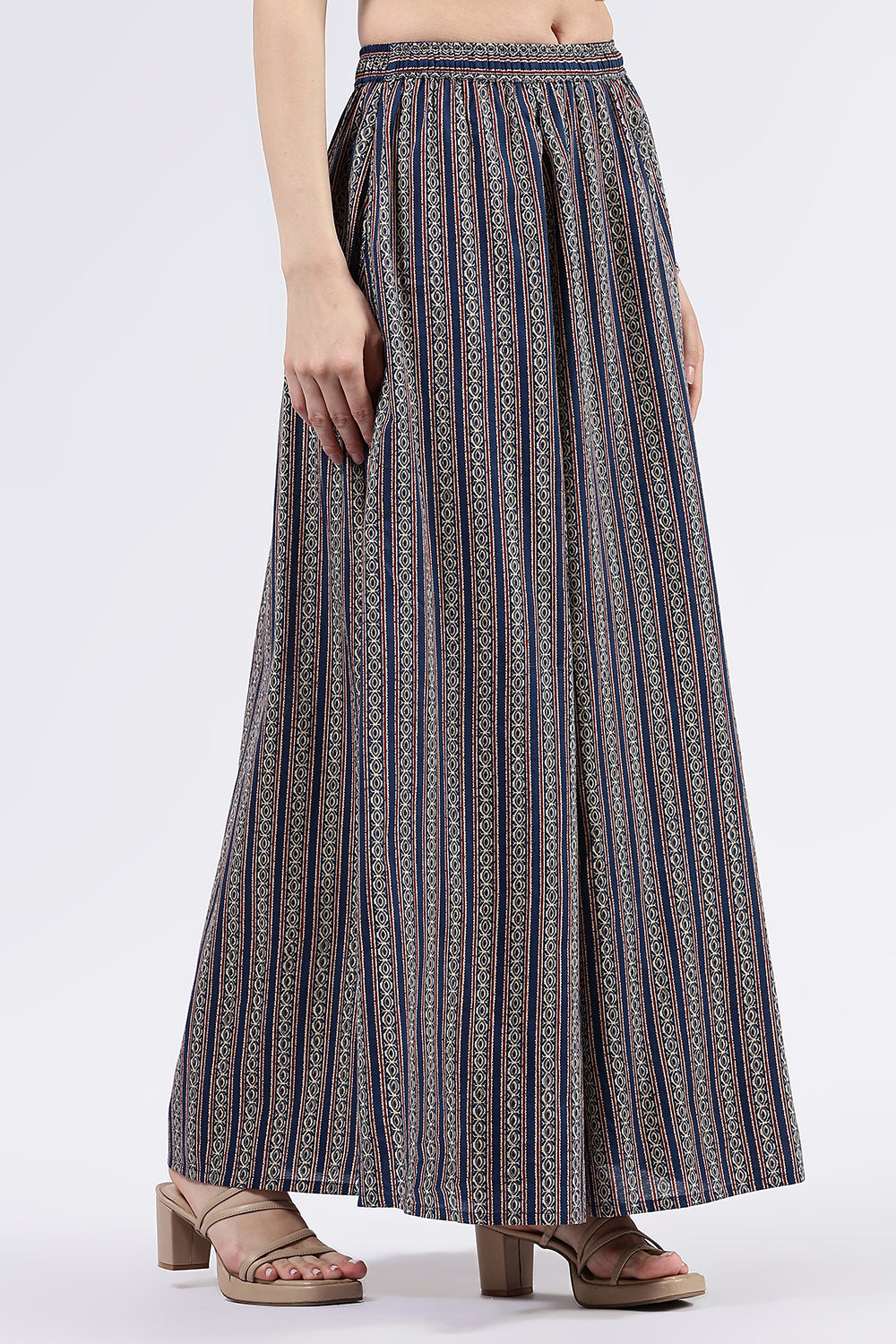 Mythri Women’s Cotton Blend Butta Stripe Kali Skirt with Elastic Waistband Full Length - Blue 1 - SK05