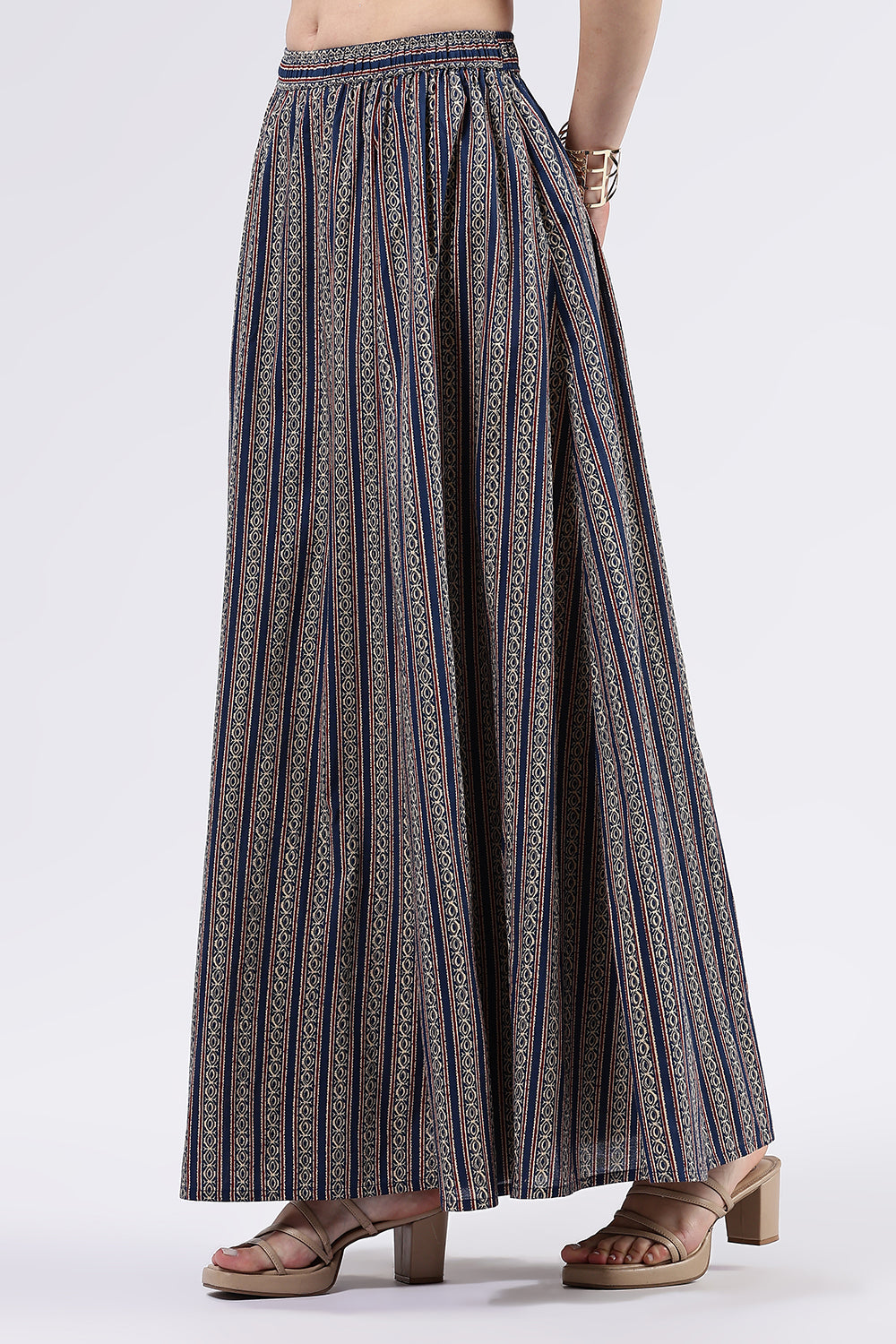 Mythri Women’s Cotton Blend Butta Stripe Kali Skirt with Elastic Waistband Full Length - Blue 1 - SK05