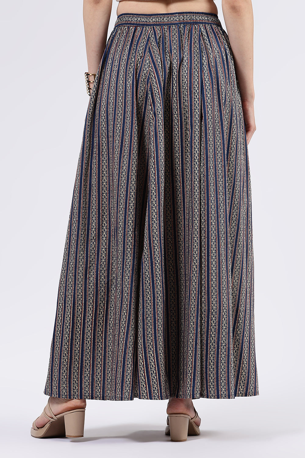 Mythri Women’s Cotton Blend Butta Stripe Kali Skirt with Elastic Waistband Full Length - Blue 1 - SK05