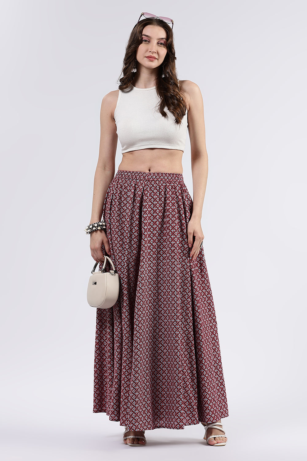 Mythri Women’s Cotton Blend Butta Stripe Kali Skirt with Elastic Waistband Full Length - Maroon - SK05
