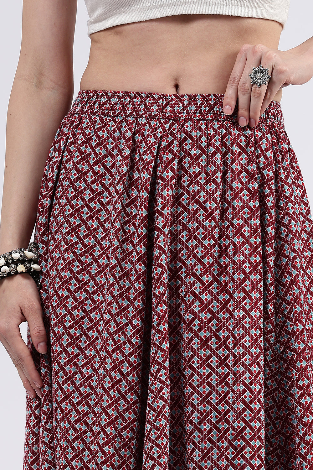 Mythri Women’s Cotton Blend Butta Stripe Kali Skirt with Elastic Waistband Full Length - Maroon - SK05