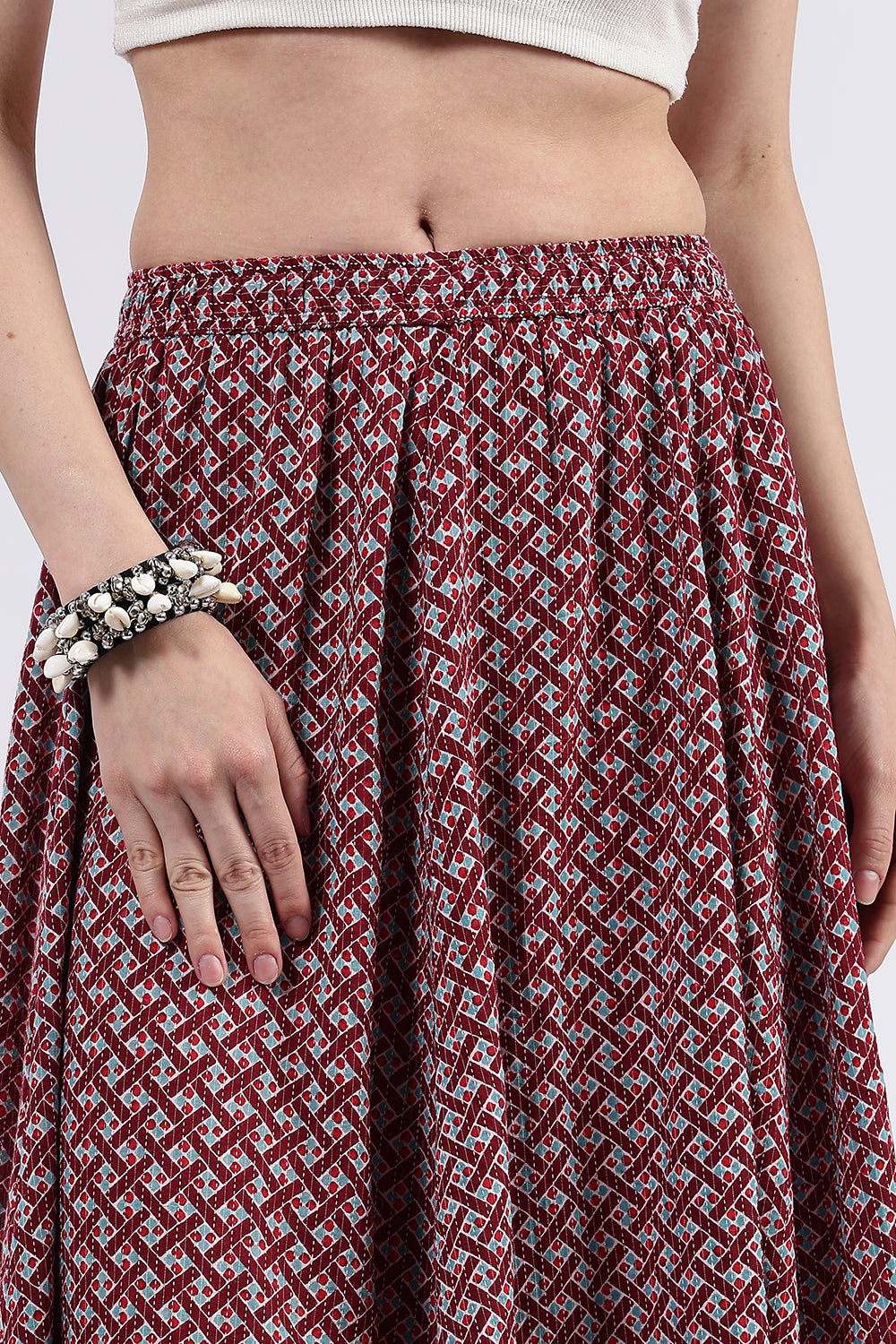 Mythri Women’s Cotton Blend Butta Stripe Kali Skirt with Elastic Waistband Full Length - Maroon - SK05