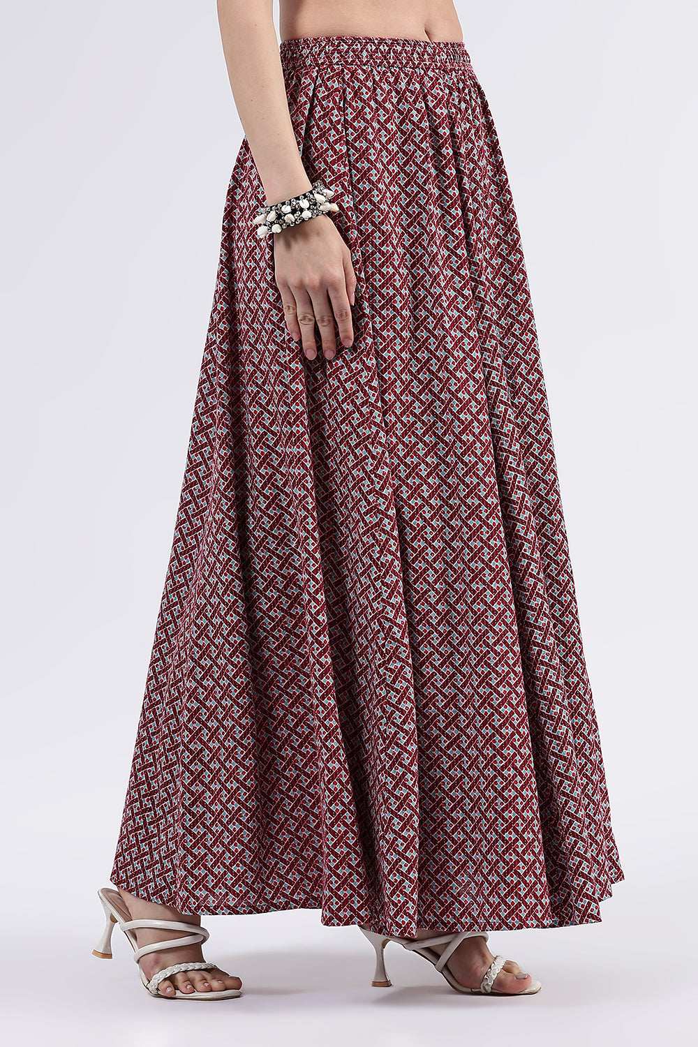 Mythri Women’s Cotton Blend Butta Stripe Kali Skirt with Elastic Waistband Full Length - Maroon - SK05
