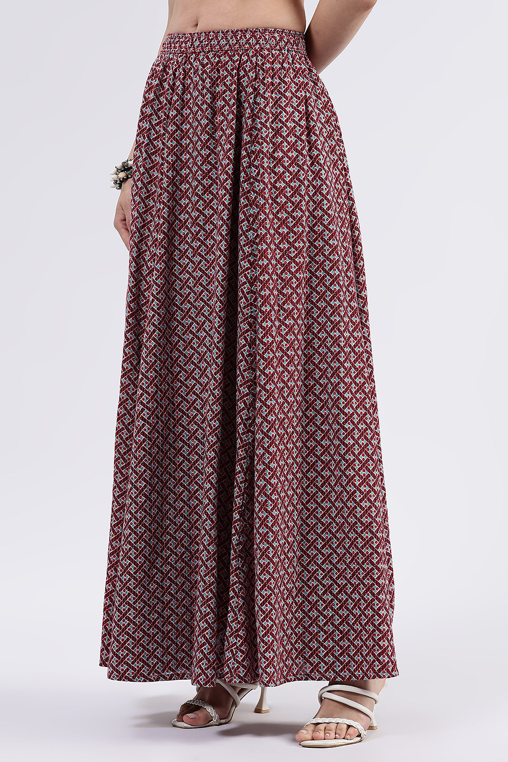 Mythri Women’s Cotton Blend Butta Stripe Kali Skirt with Elastic Waistband Full Length - Maroon - SK05