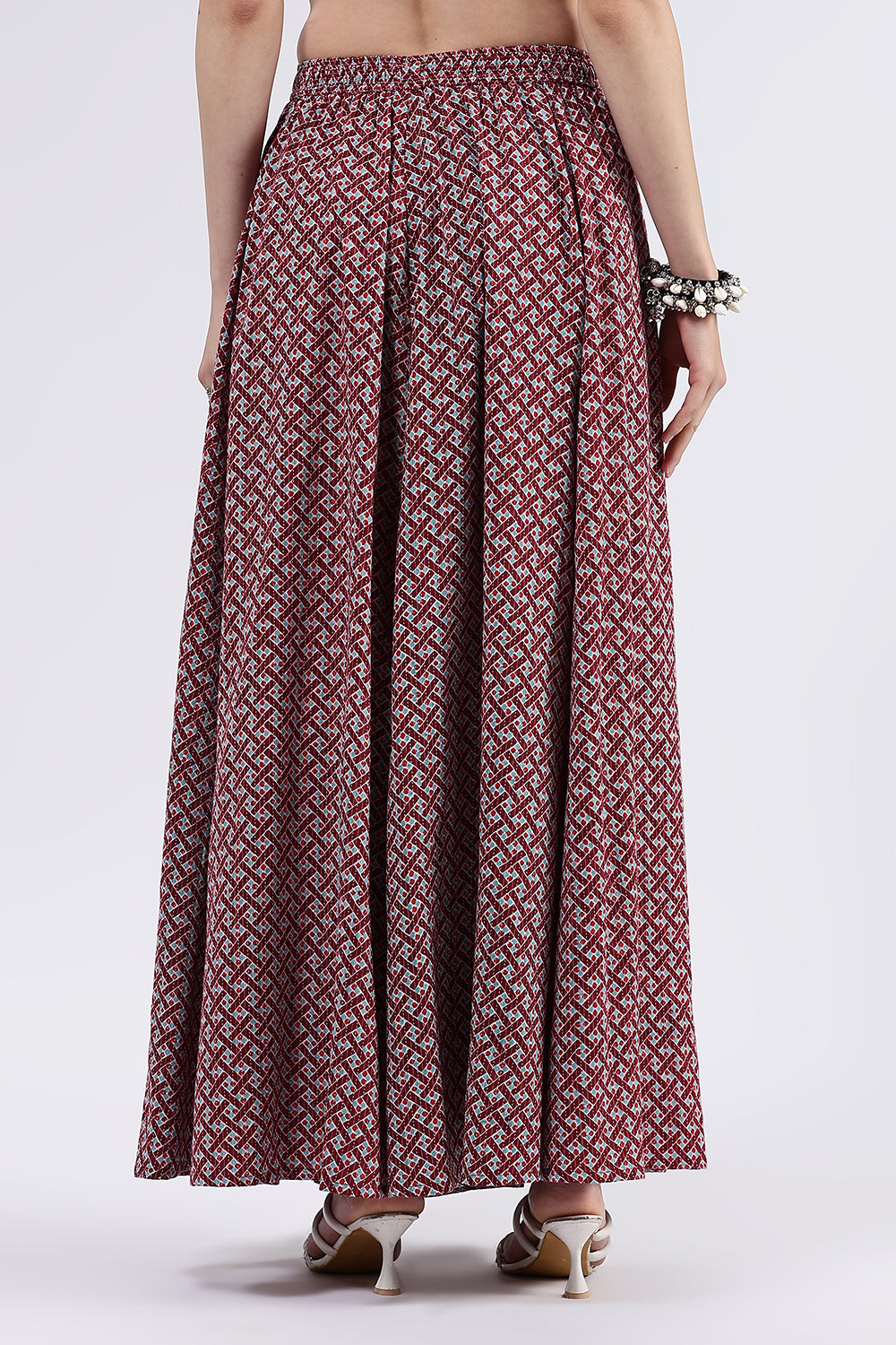 Mythri Women’s Cotton Blend Butta Stripe Kali Skirt with Elastic Waistband Full Length - Maroon - SK05