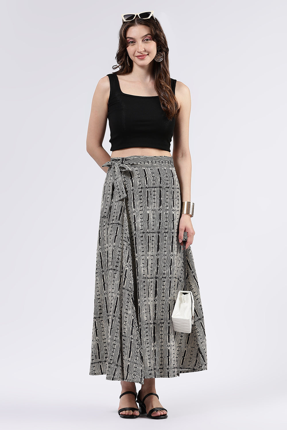 Mythri Women’s Cotton Blend Moroccan Geometric Printed Wrap Skirt with Tie Up - Black - SK07