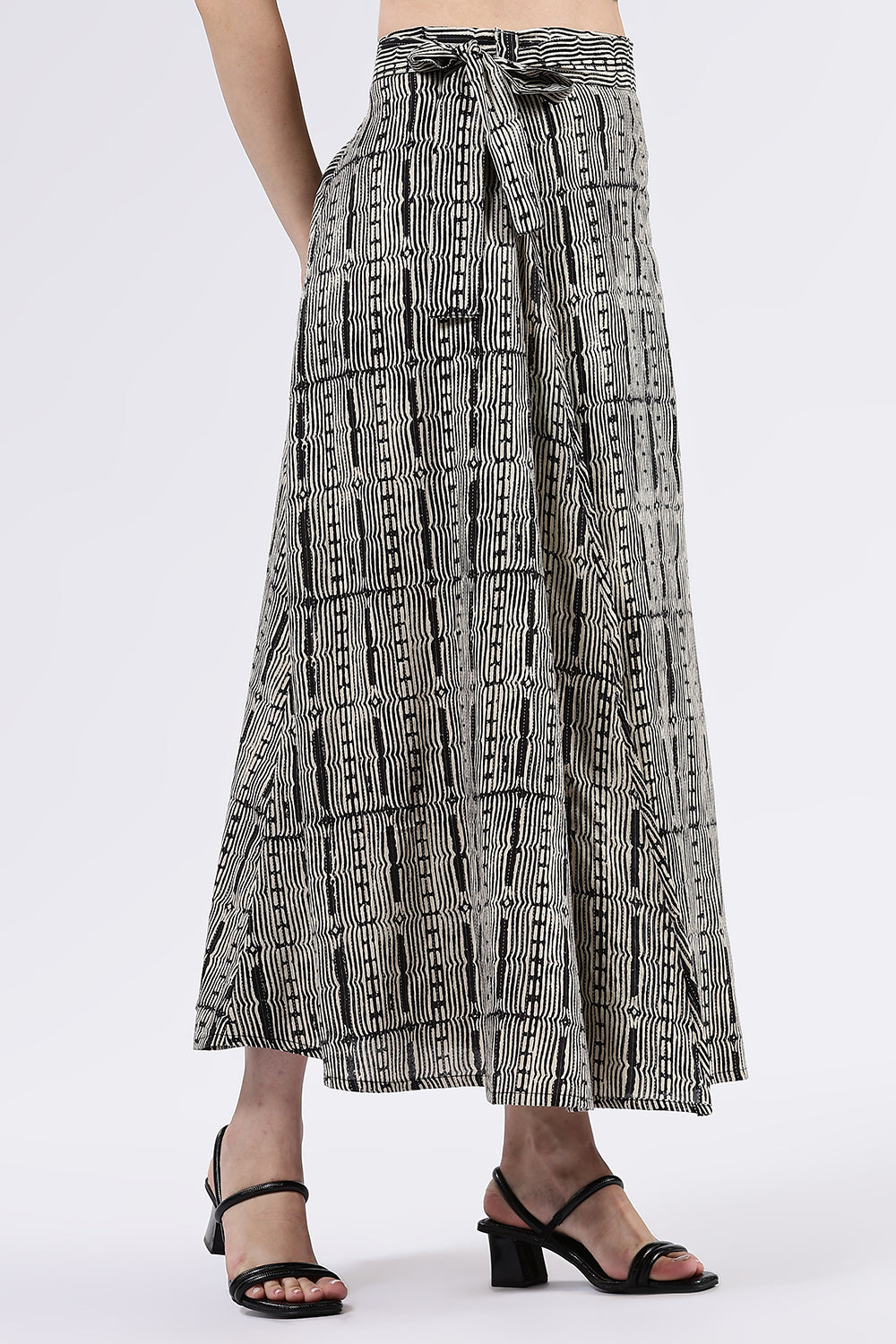 Mythri Women’s Cotton Blend Moroccan Geometric Printed Wrap Skirt with Tie Up - Black - SK07
