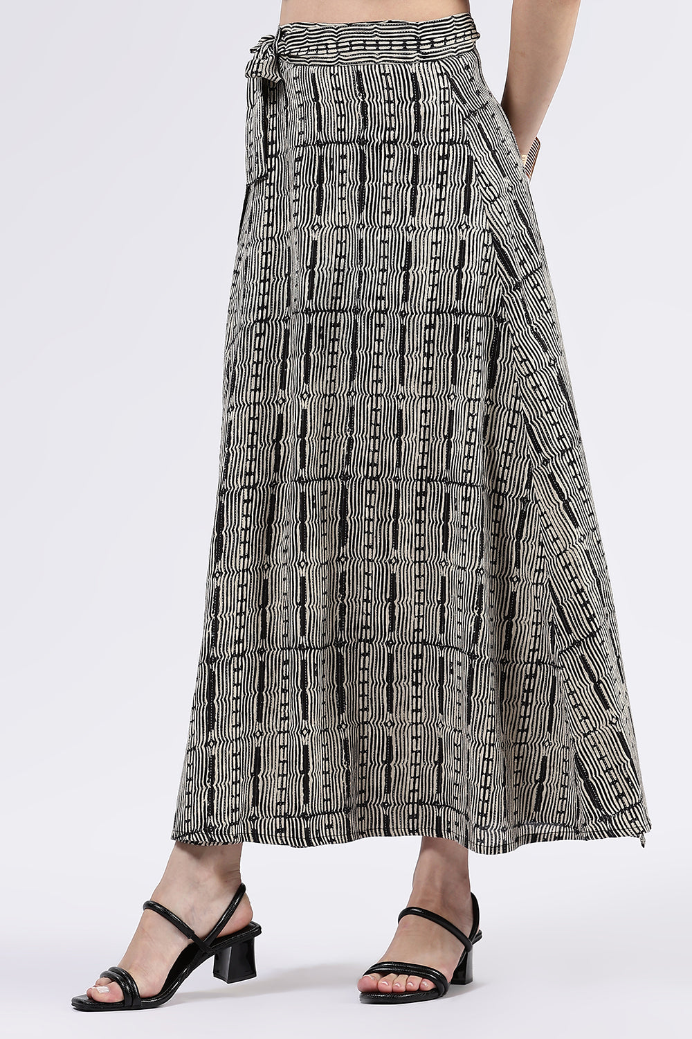 Mythri Women’s Cotton Blend Moroccan Geometric Printed Wrap Skirt with Tie Up - Black - SK07