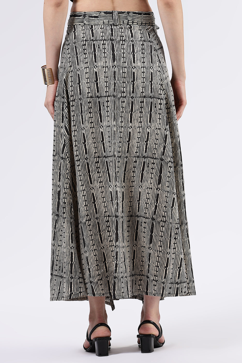 Mythri Women’s Cotton Blend Moroccan Geometric Printed Wrap Skirt with Tie Up - Black - SK07
