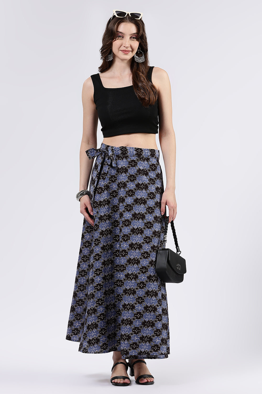 Mythri Women’s Cotton Blend Moroccan Geometric Printed Wrap Skirt with Tie Up - Black 1 - SK07
