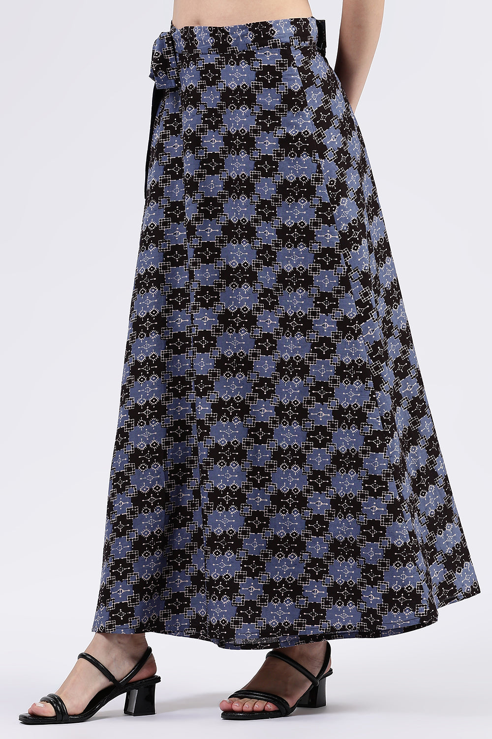 Mythri Women’s Cotton Blend Moroccan Geometric Printed Wrap Skirt with Tie Up - Black 1 - SK07