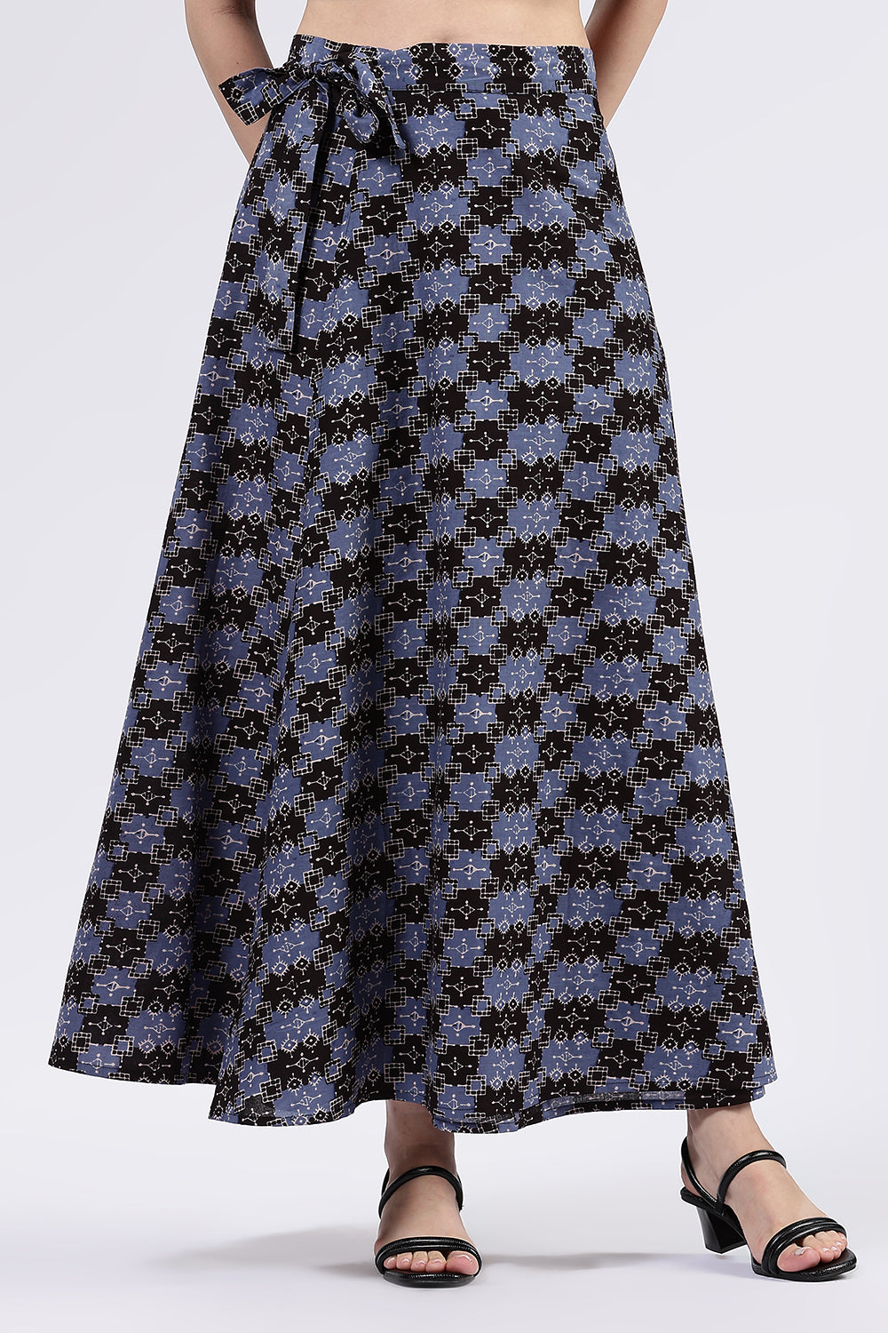 Mythri Women’s Cotton Blend Moroccan Geometric Printed Wrap Skirt with Tie Up - Black 1 - SK07