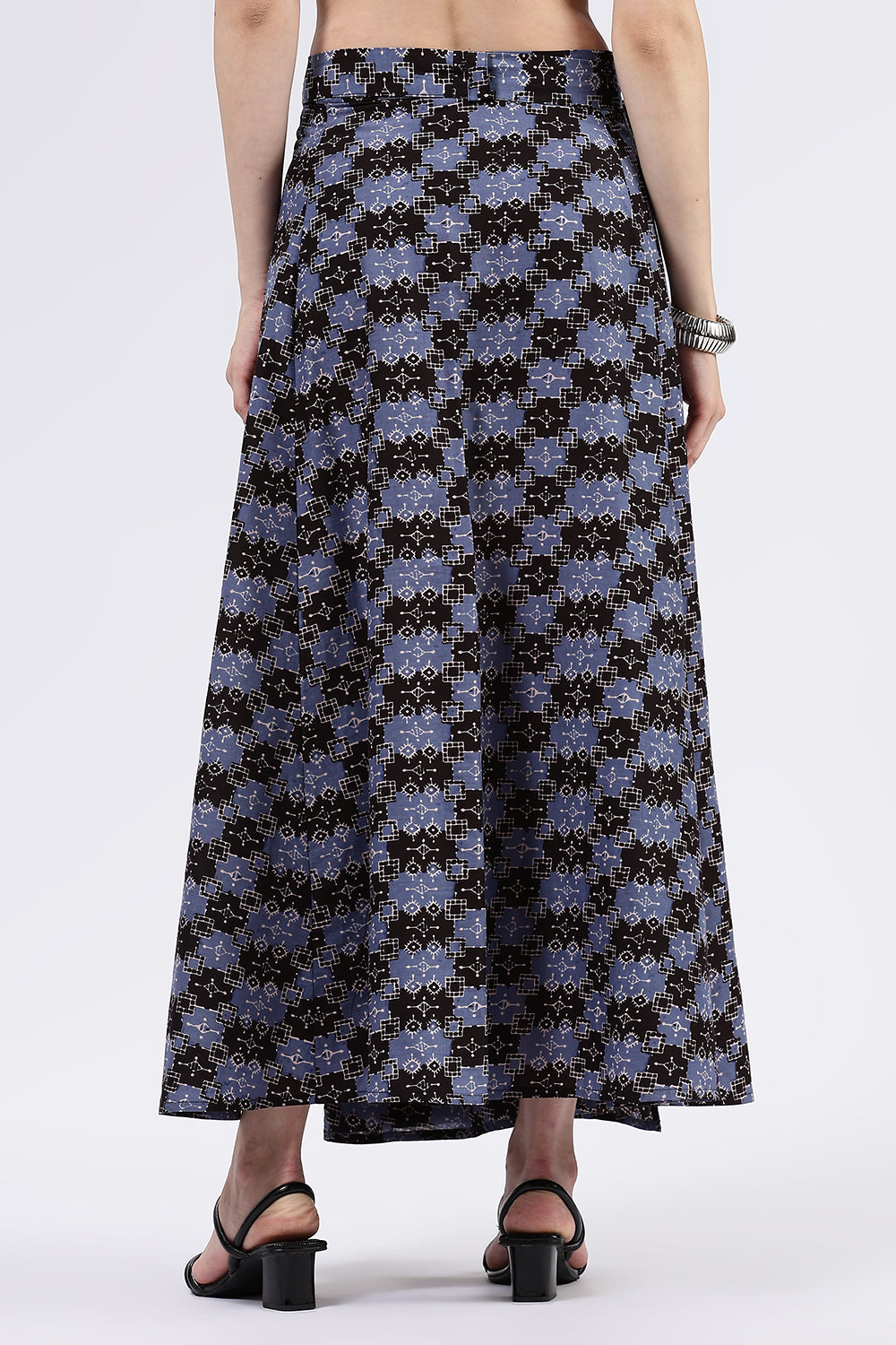 Mythri Women’s Cotton Blend Moroccan Geometric Printed Wrap Skirt with Tie Up - Black 1 - SK07