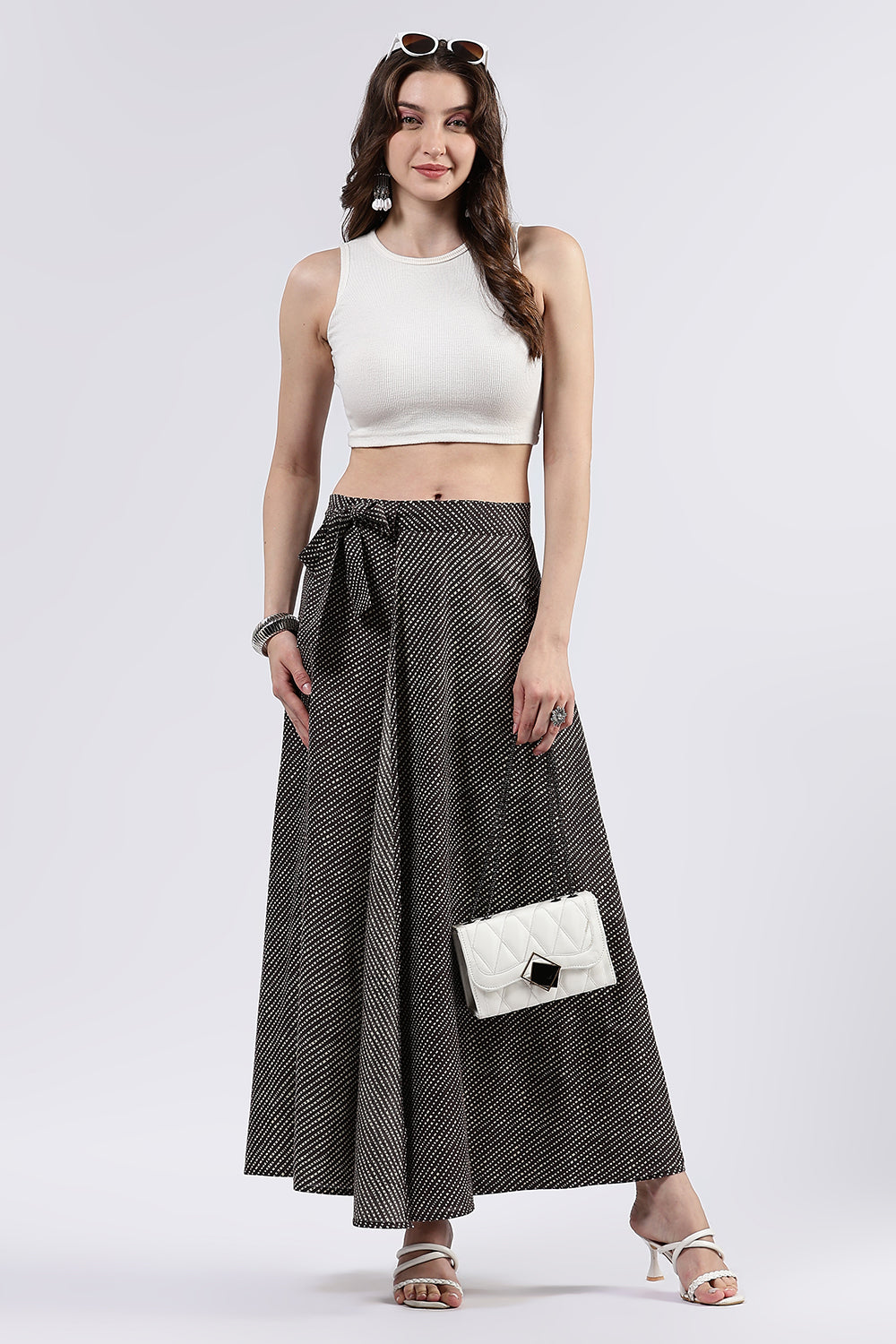 Mythri Women’s Cotton Blend Moroccan Geometric Printed Wrap Skirt with Tie Up - Brown - SK07