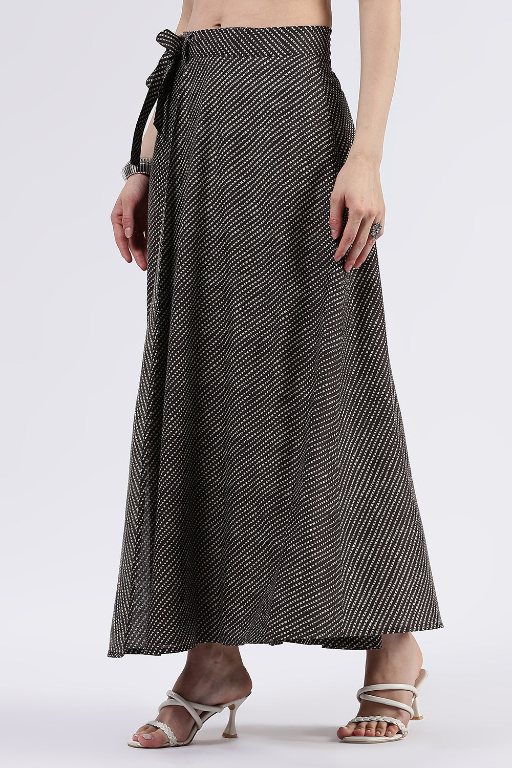 Mythri Women’s Cotton Blend Moroccan Geometric Printed Wrap Skirt with Tie Up - Brown - SK07