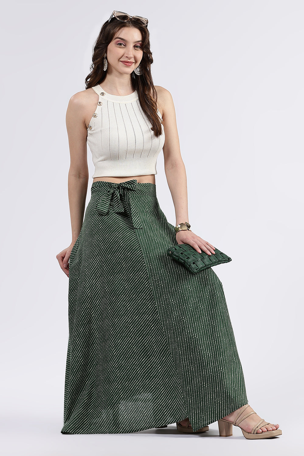 Mythri Women’s Cotton Blend Moroccan Geometric Printed Wrap Skirt with Tie Up - Green - SK07