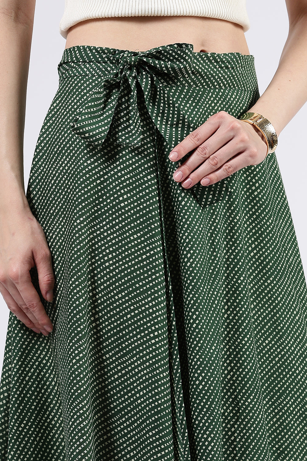 Mythri Women’s Cotton Blend Moroccan Geometric Printed Wrap Skirt with Tie Up - Green - SK07