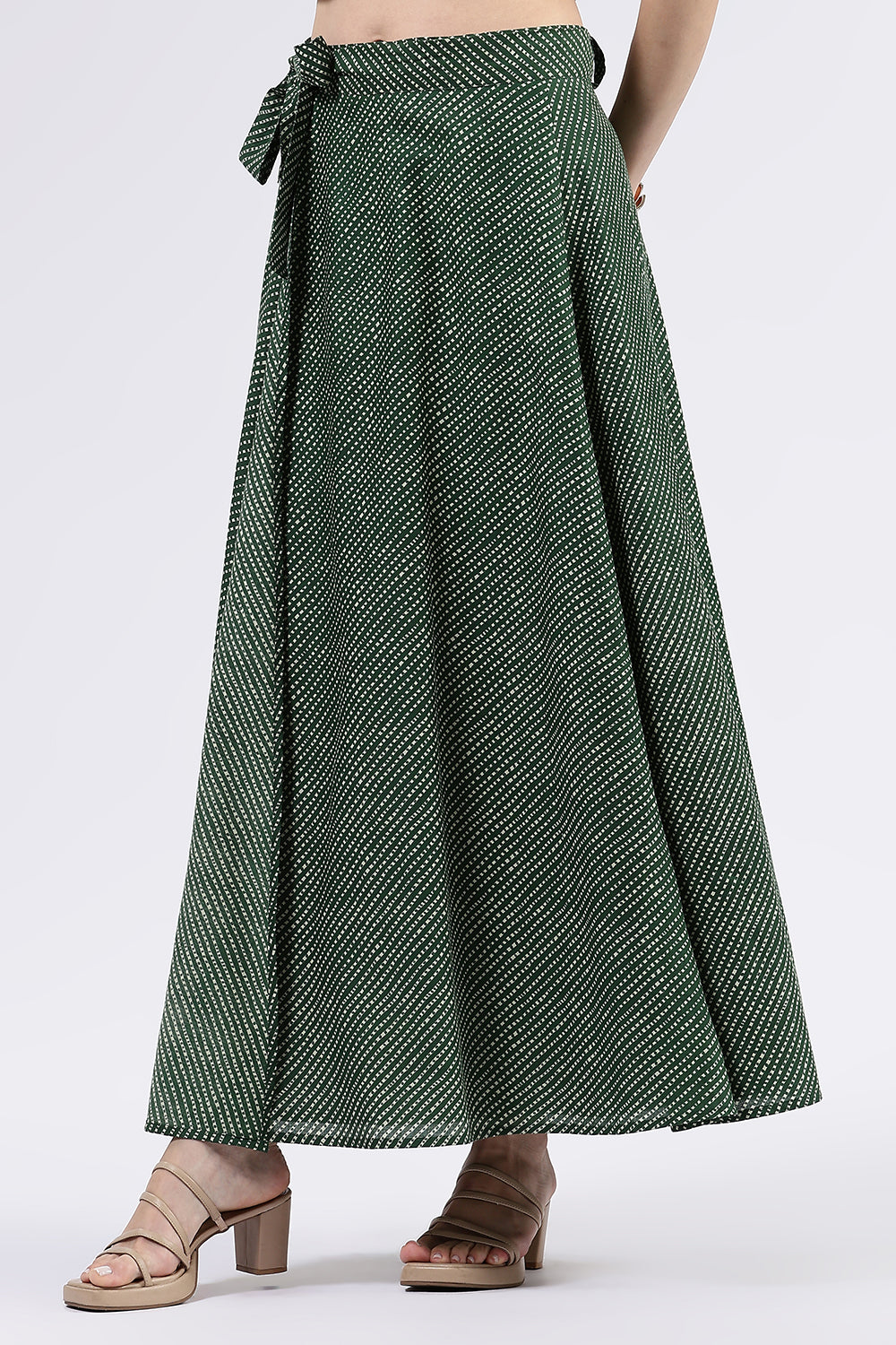 Mythri Women’s Cotton Blend Moroccan Geometric Printed Wrap Skirt with Tie Up - Green - SK07