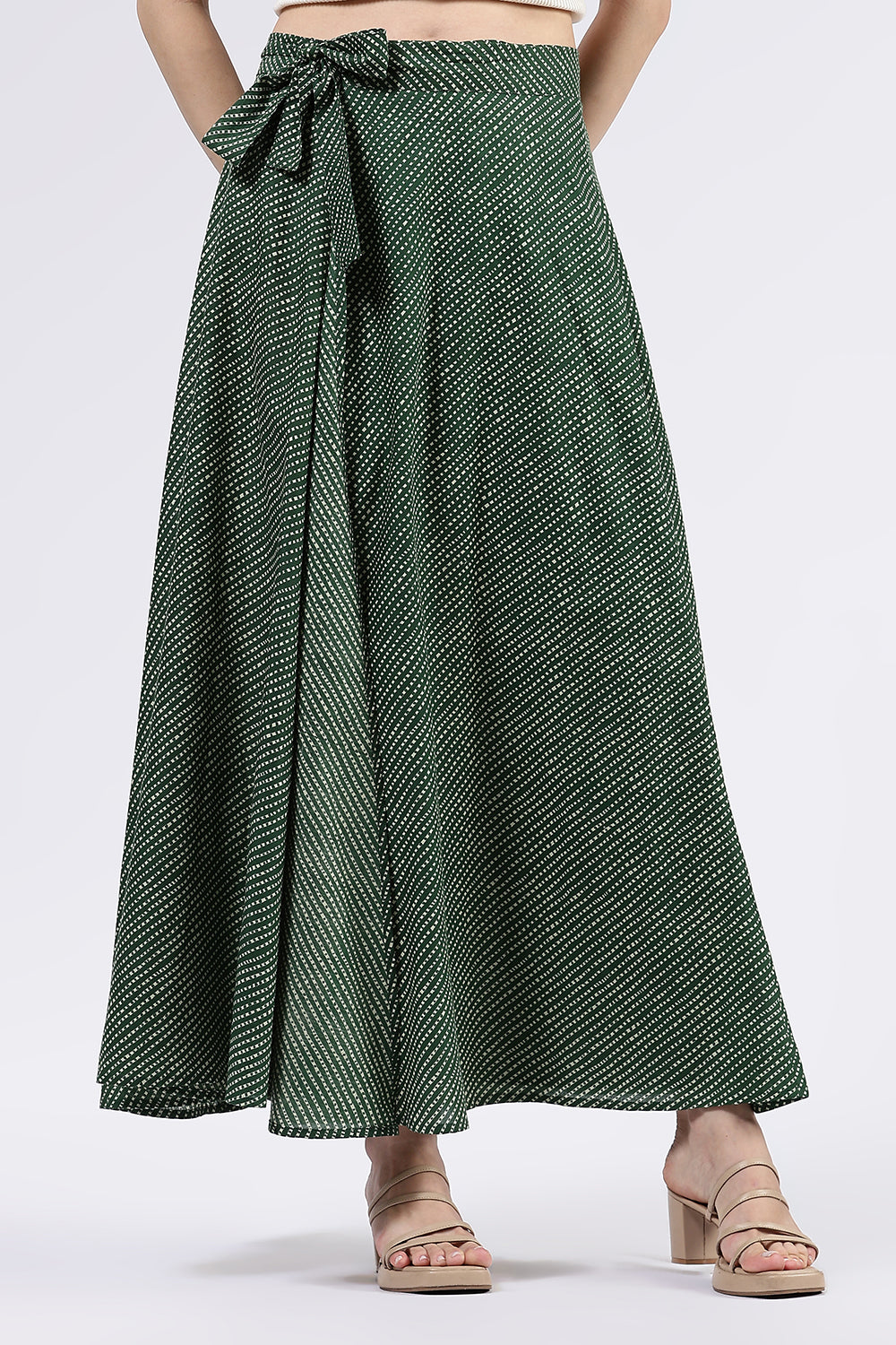 Mythri Women’s Cotton Blend Moroccan Geometric Printed Wrap Skirt with Tie Up - Green - SK07