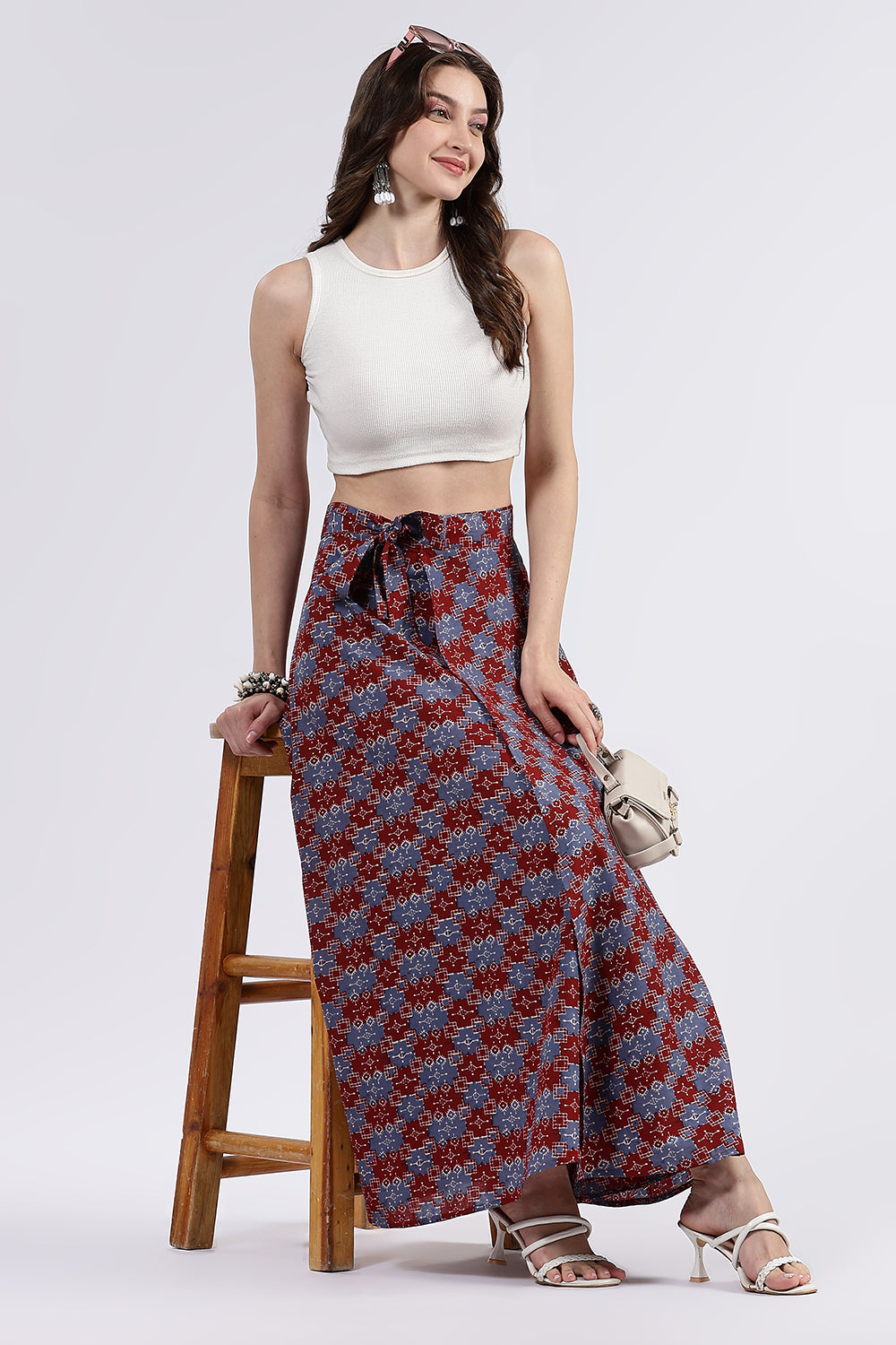 Mythri Women’s Cotton Blend Moroccan Geometric Printed Wrap Skirt with Tie Up - Red 1 - SK07