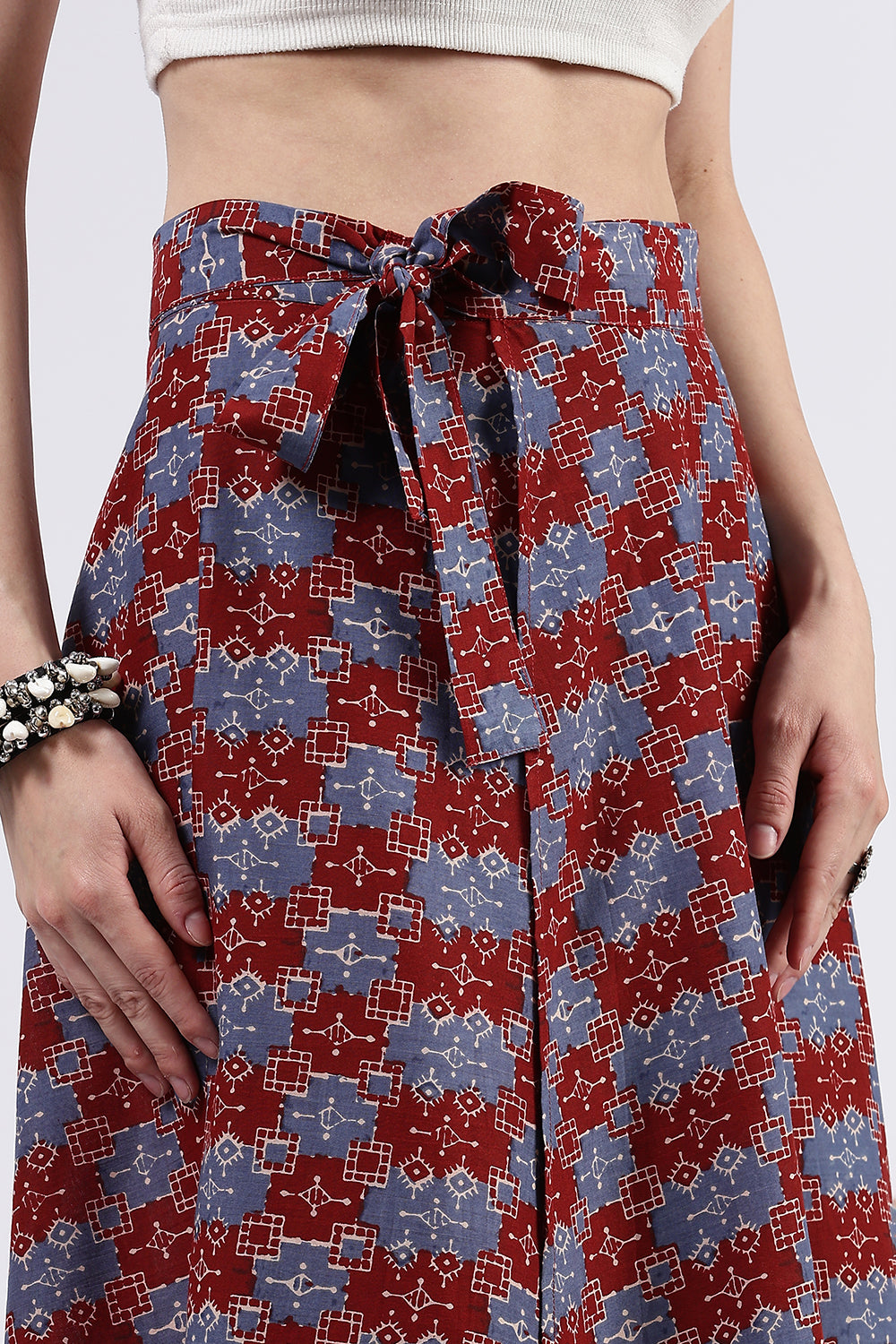 Mythri Women’s Cotton Blend Moroccan Geometric Printed Wrap Skirt with Tie Up - Red 1 - SK07