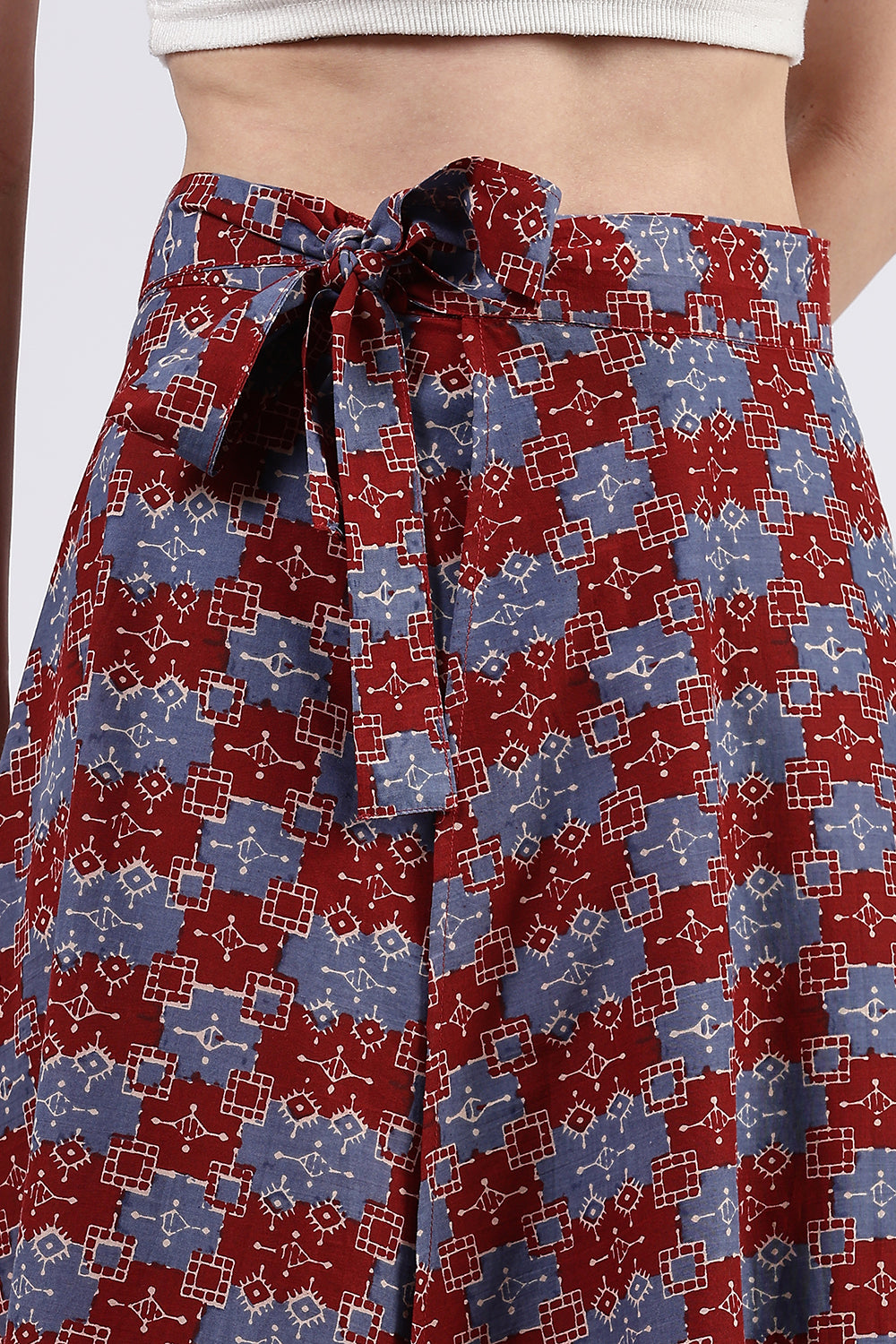 Mythri Women’s Cotton Blend Moroccan Geometric Printed Wrap Skirt with Tie Up - Red 1 - SK07