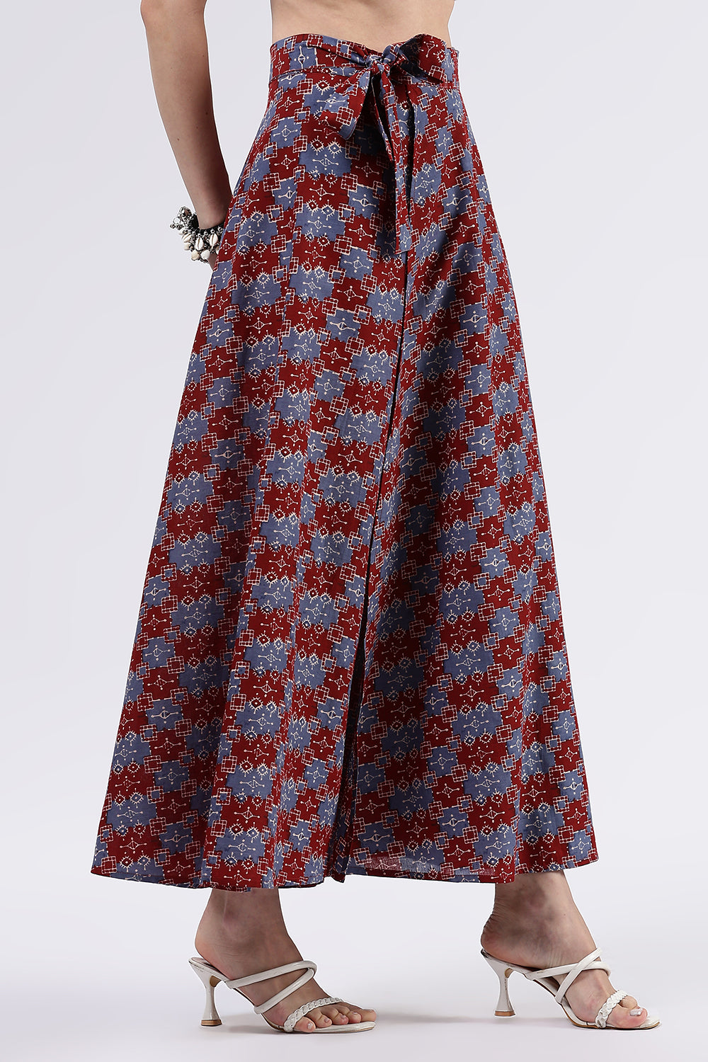 Mythri Women’s Cotton Blend Moroccan Geometric Printed Wrap Skirt with Tie Up - Red 1 - SK07
