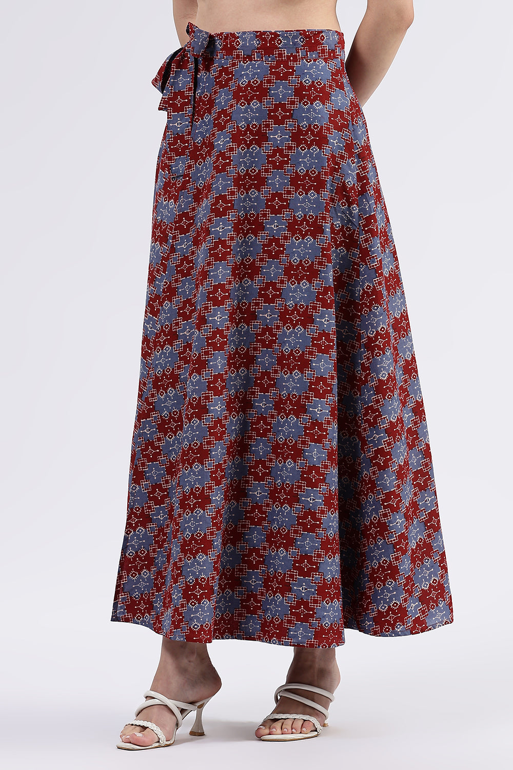 Mythri Women’s Cotton Blend Moroccan Geometric Printed Wrap Skirt with Tie Up - Red 1 - SK07