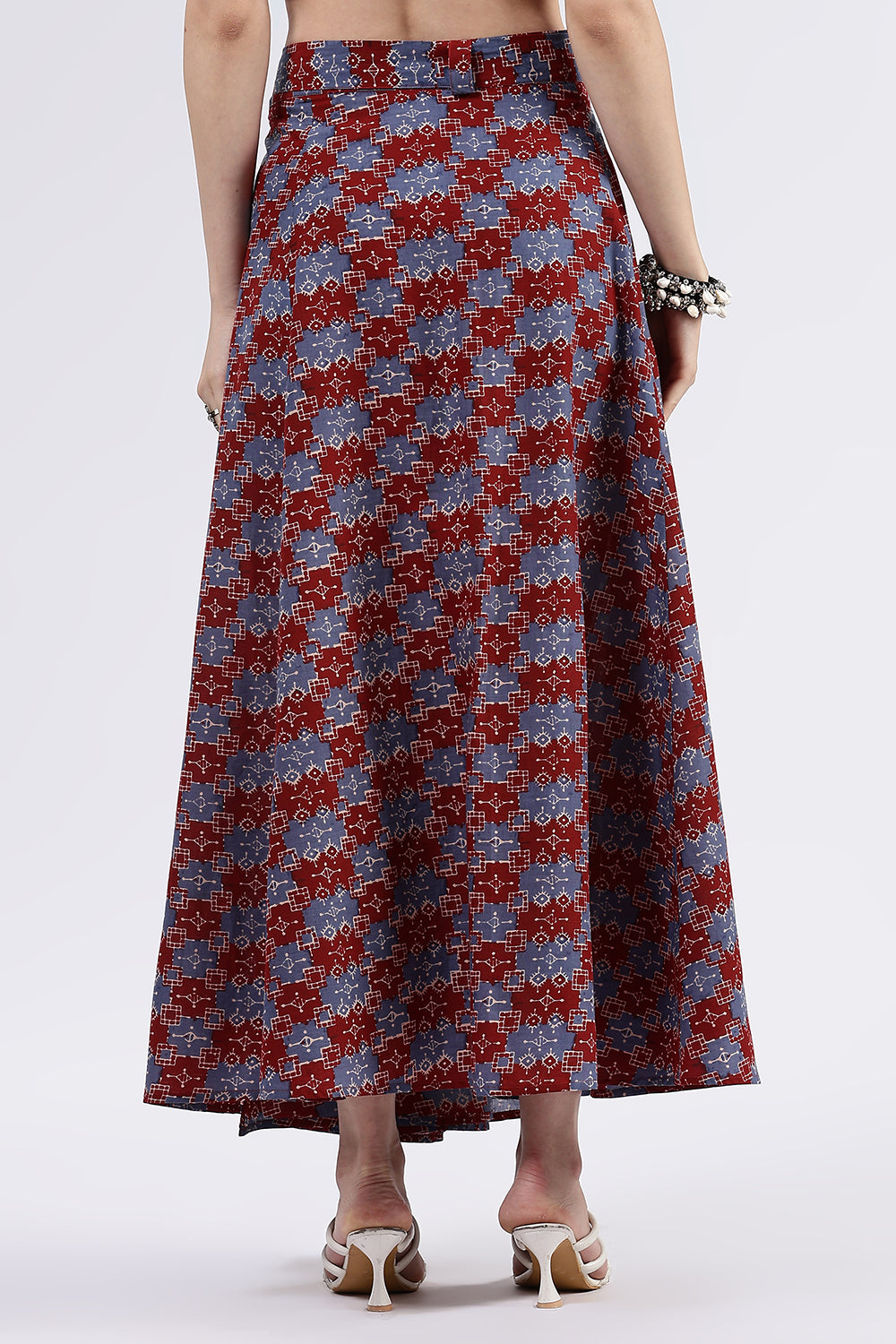 Mythri Women’s Cotton Blend Moroccan Geometric Printed Wrap Skirt with Tie Up - Red 1 - SK07