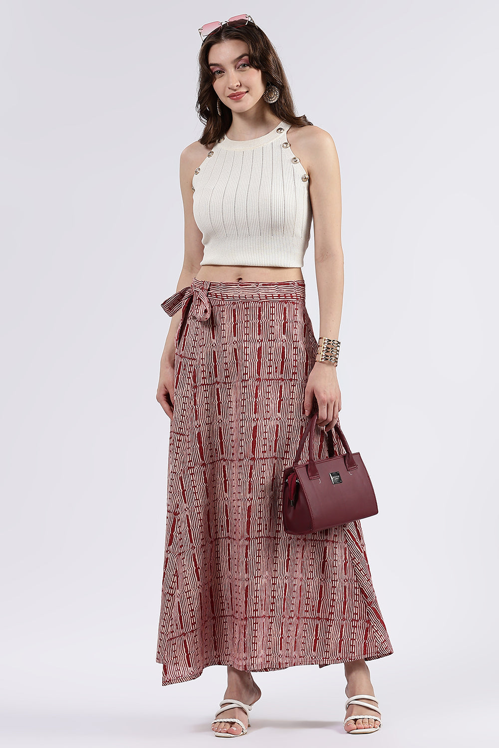 Mythri Women’s Cotton Blend Moroccan Geometric Printed Wrap Skirt with Tie Up - Red - SK07