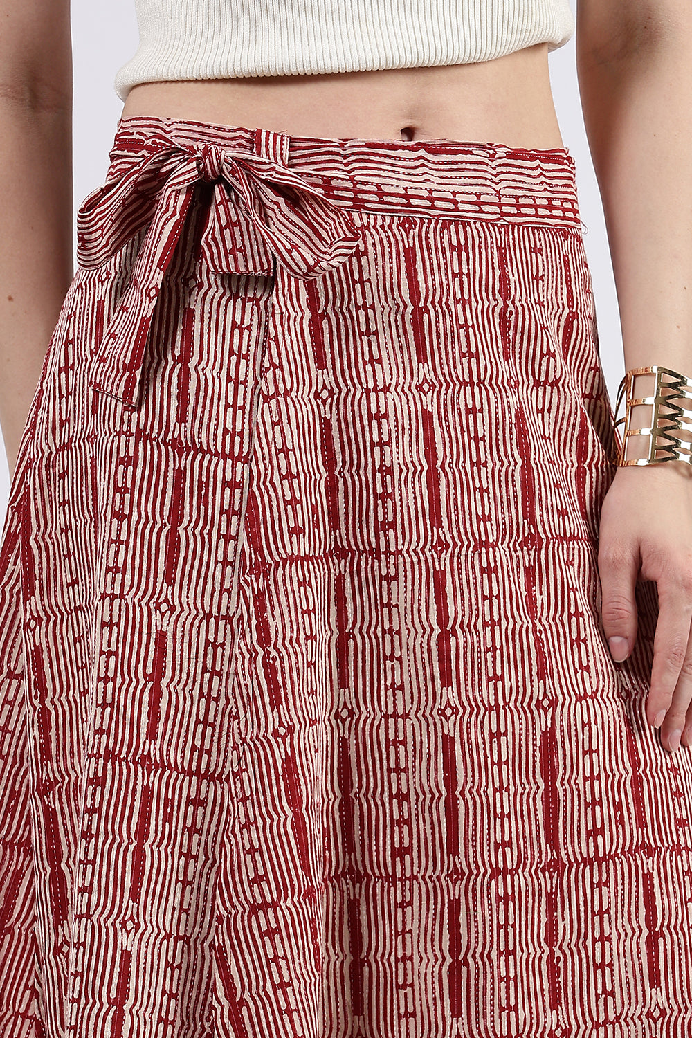 Mythri Women’s Cotton Blend Moroccan Geometric Printed Wrap Skirt with Tie Up - Red - SK07