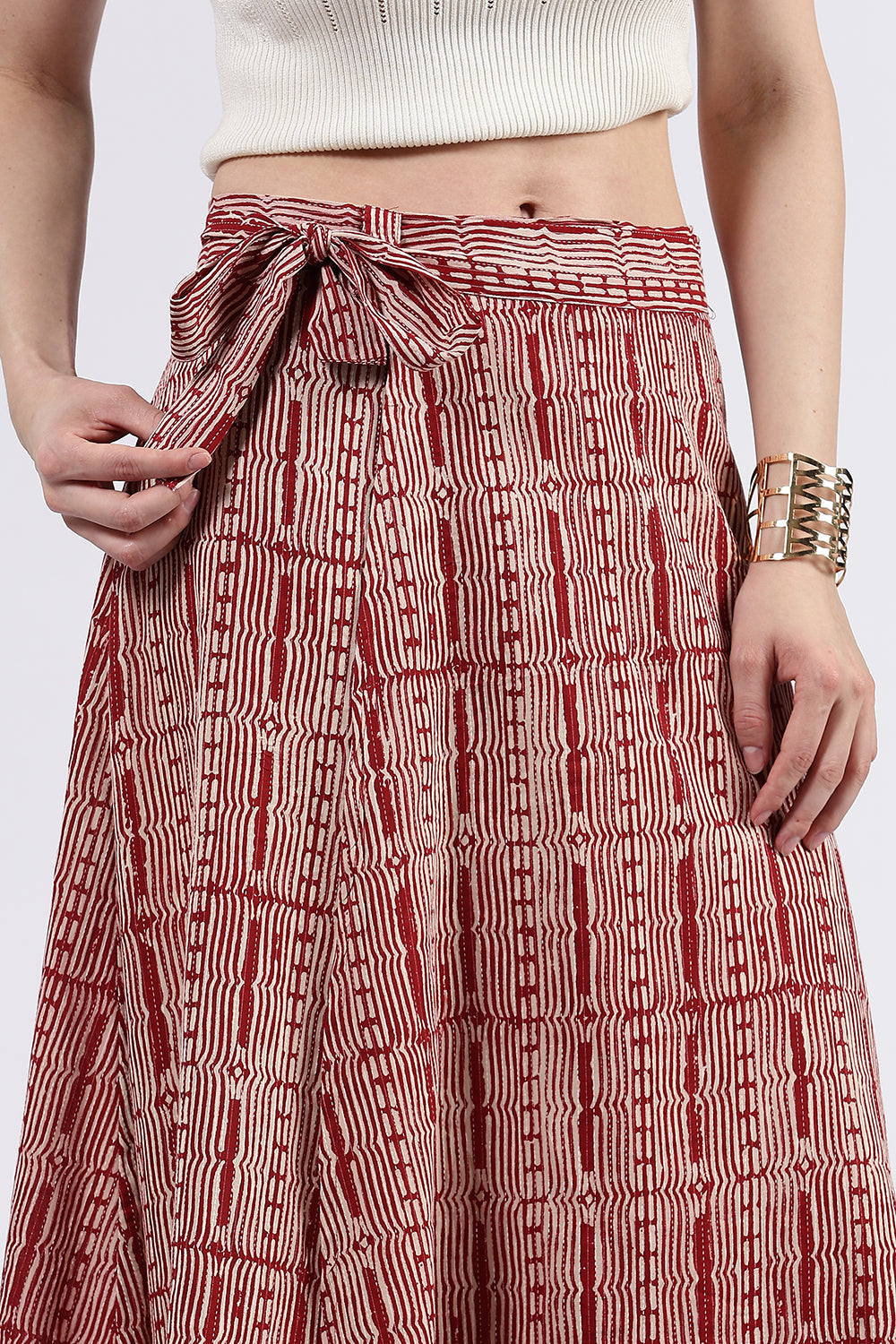 Mythri Women’s Cotton Blend Moroccan Geometric Printed Wrap Skirt with Tie Up - Red - SK07