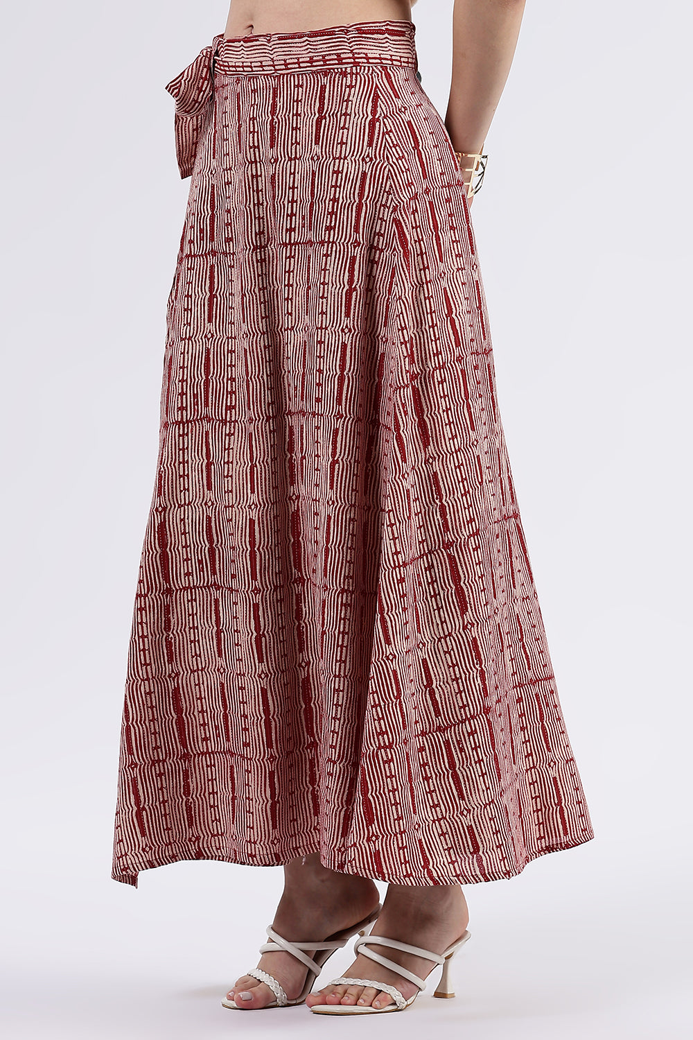Mythri Women’s Cotton Blend Moroccan Geometric Printed Wrap Skirt with Tie Up - Red - SK07