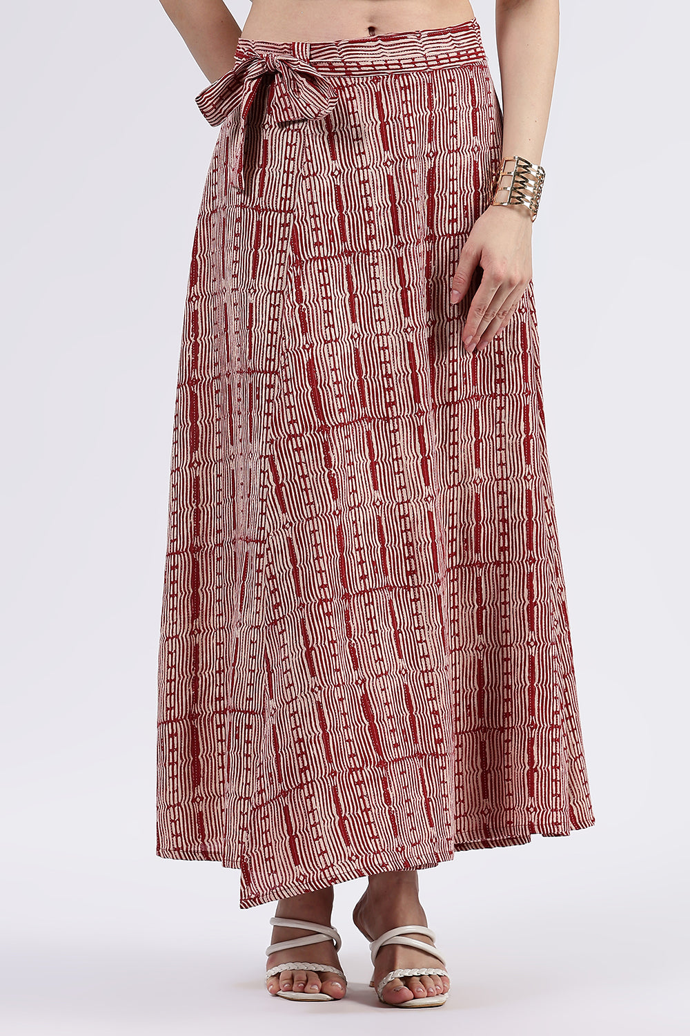 Mythri Women’s Cotton Blend Moroccan Geometric Printed Wrap Skirt with Tie Up - Red - SK07