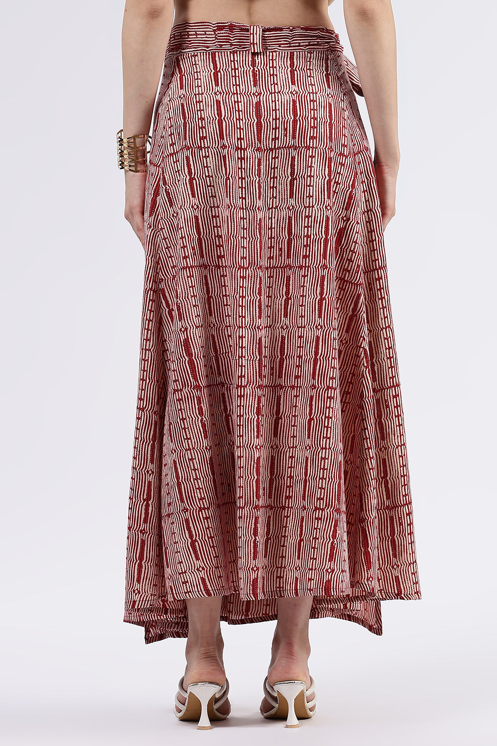 Mythri Women’s Cotton Blend Moroccan Geometric Printed Wrap Skirt with Tie Up - Red - SK07