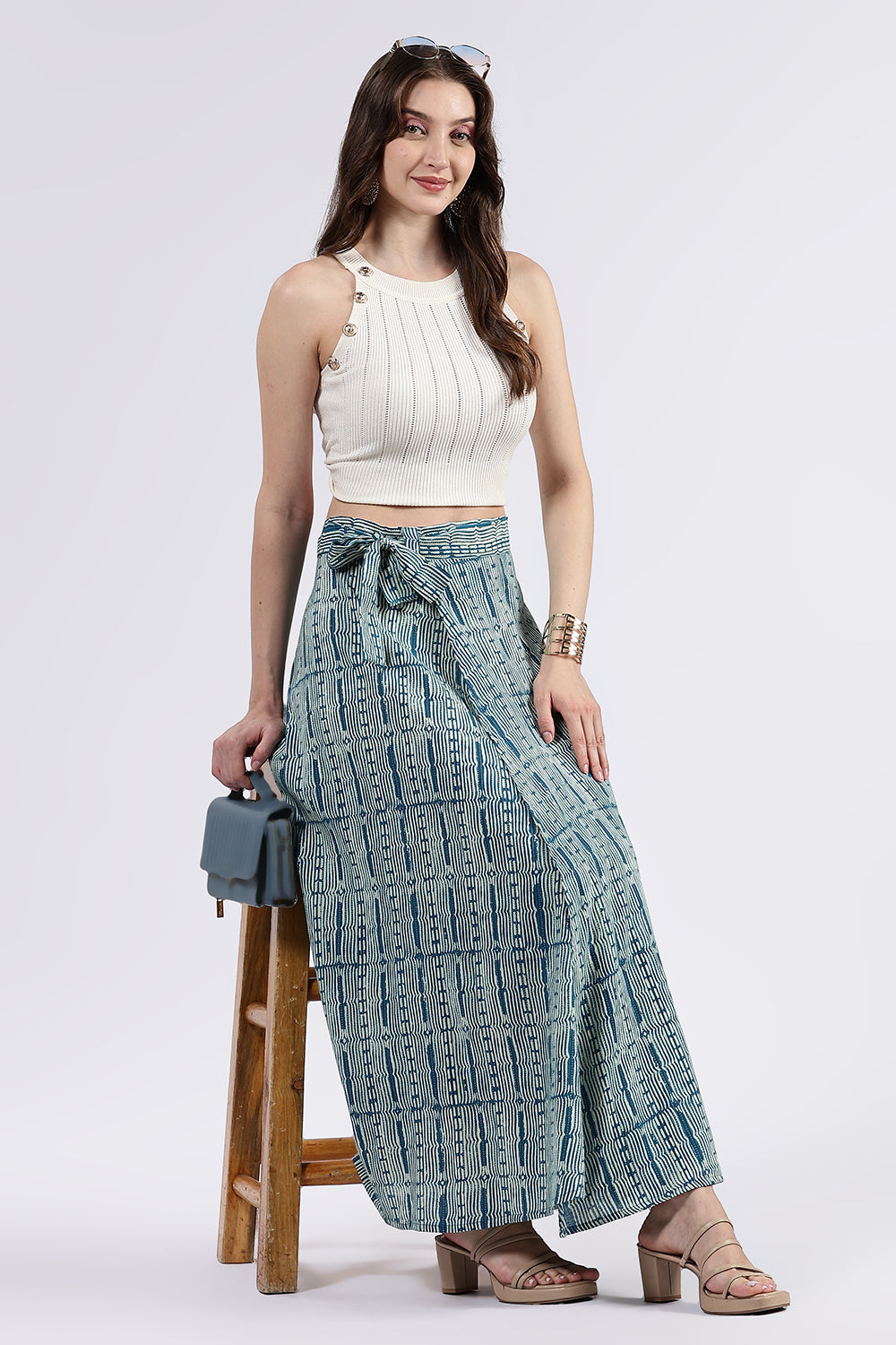 Mythri Women’s Cotton Blend Moroccan Geometric Printed Wrap Skirt with Tie Up - Teal Green - SK07