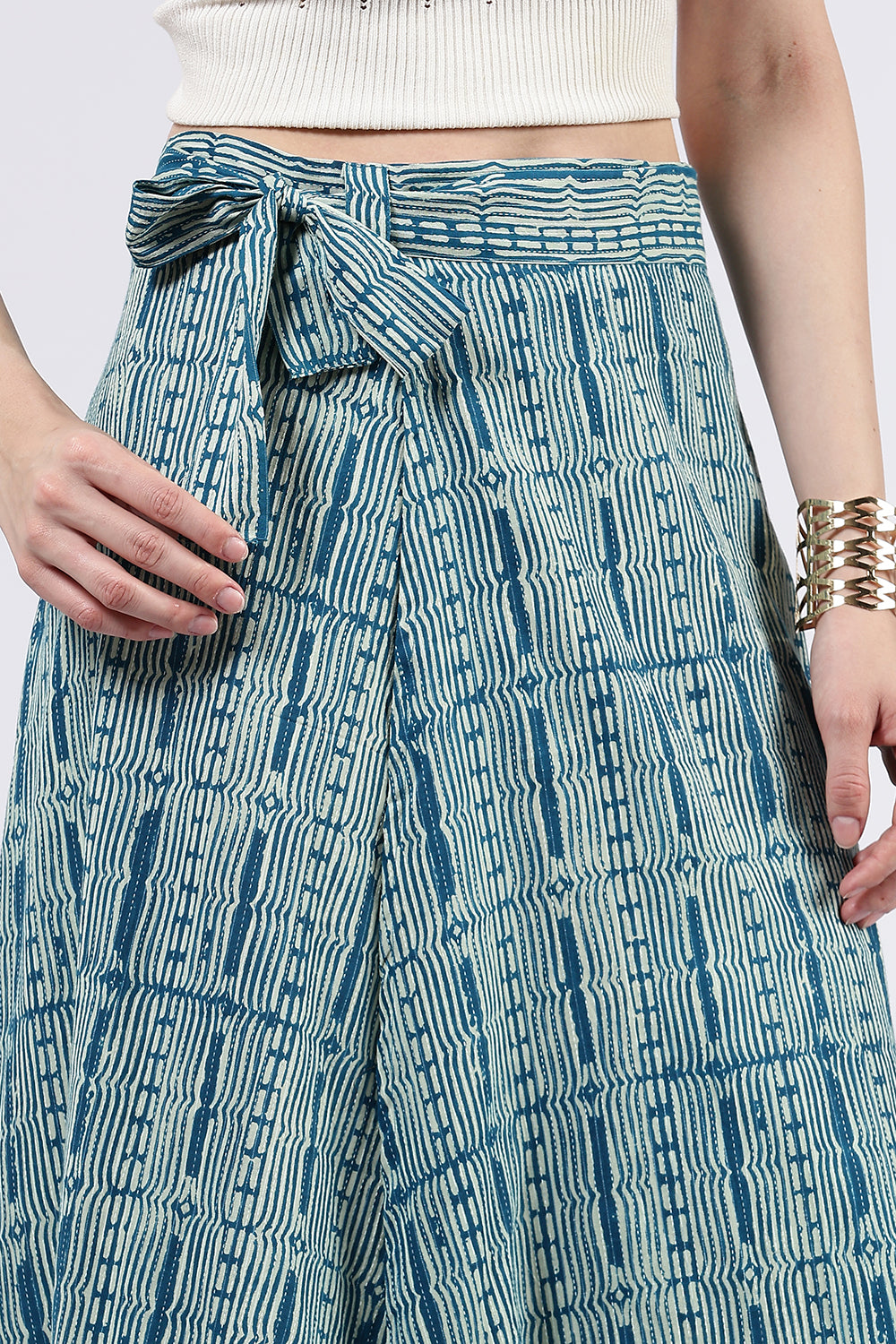 Mythri Women’s Cotton Blend Moroccan Geometric Printed Wrap Skirt with Tie Up - Teal Green - SK07