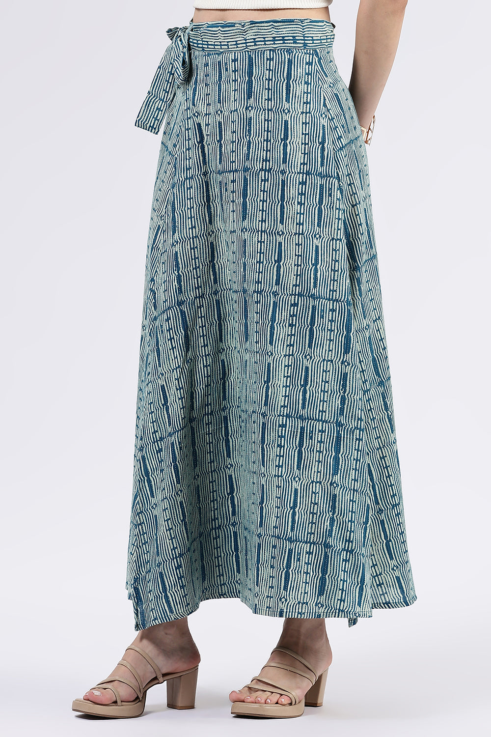 Mythri Women’s Cotton Blend Moroccan Geometric Printed Wrap Skirt with Tie Up - Teal Green - SK07
