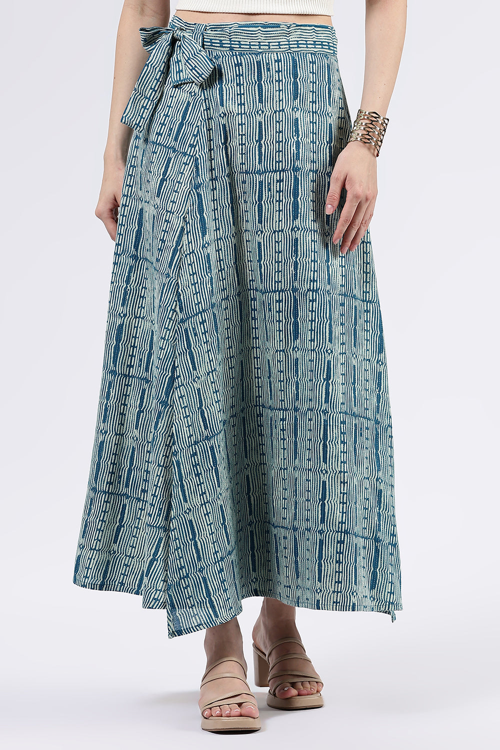 Mythri Women’s Cotton Blend Moroccan Geometric Printed Wrap Skirt with Tie Up - Teal Green - SK07
