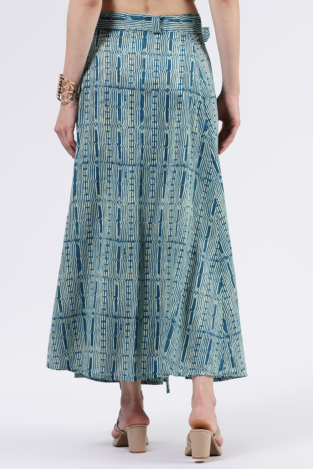 Mythri Women’s Cotton Blend Moroccan Geometric Printed Wrap Skirt with Tie Up - Teal Green - SK07