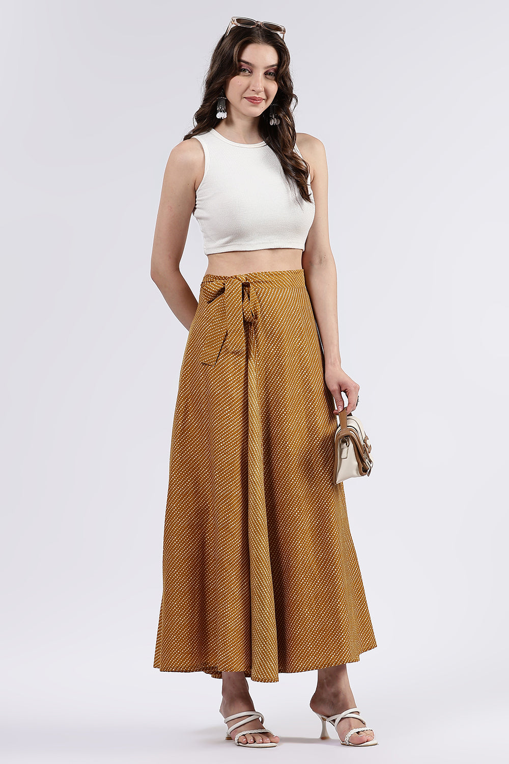 Mythri Women’s Cotton Blend Moroccan Geometric Printed Wrap Skirt with Tie Up - Yellow - SK07