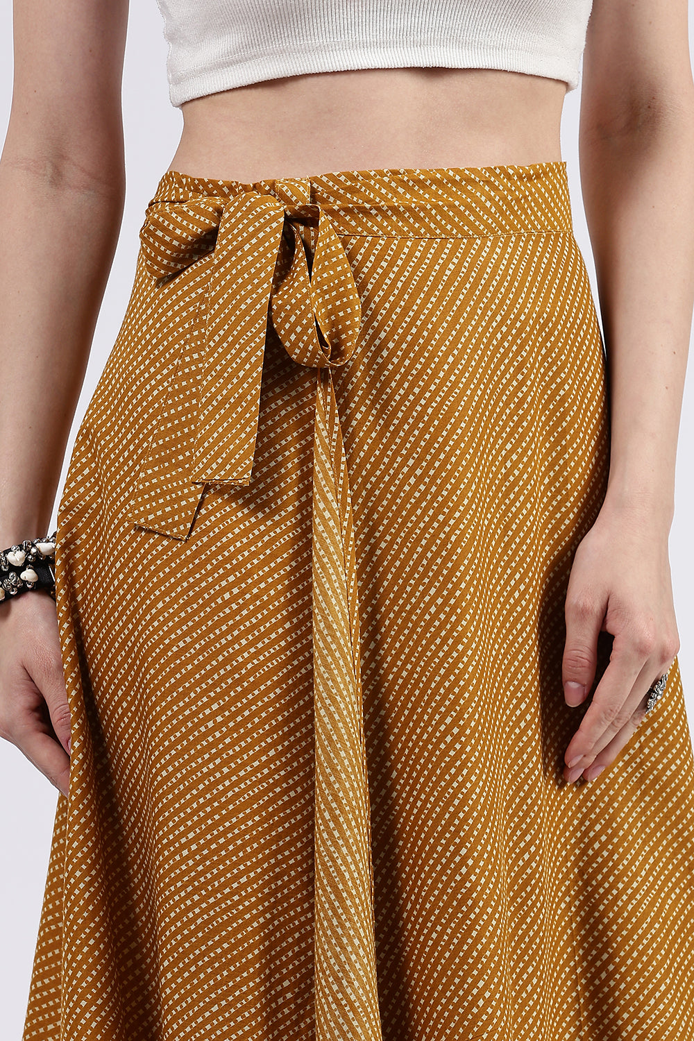 Mythri Women’s Cotton Blend Moroccan Geometric Printed Wrap Skirt with Tie Up - Yellow - SK07