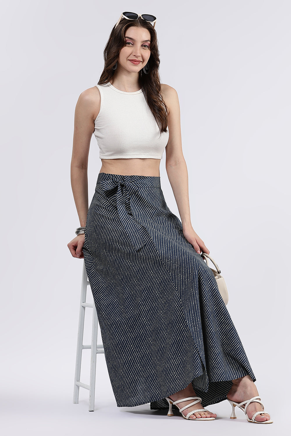 Mythri Women’s Cotton Blend Moroccan Geometric Printed Wrap Skirt with Tie Up - Blue - SK07