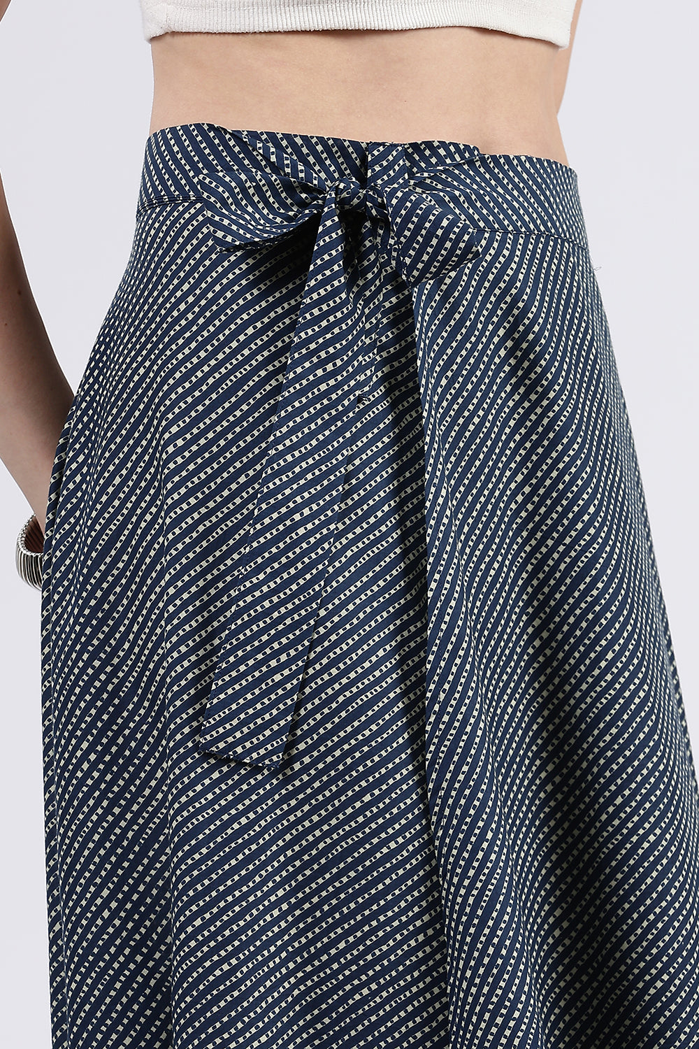 Mythri Women’s Cotton Blend Moroccan Geometric Printed Wrap Skirt with Tie Up - Blue - SK07