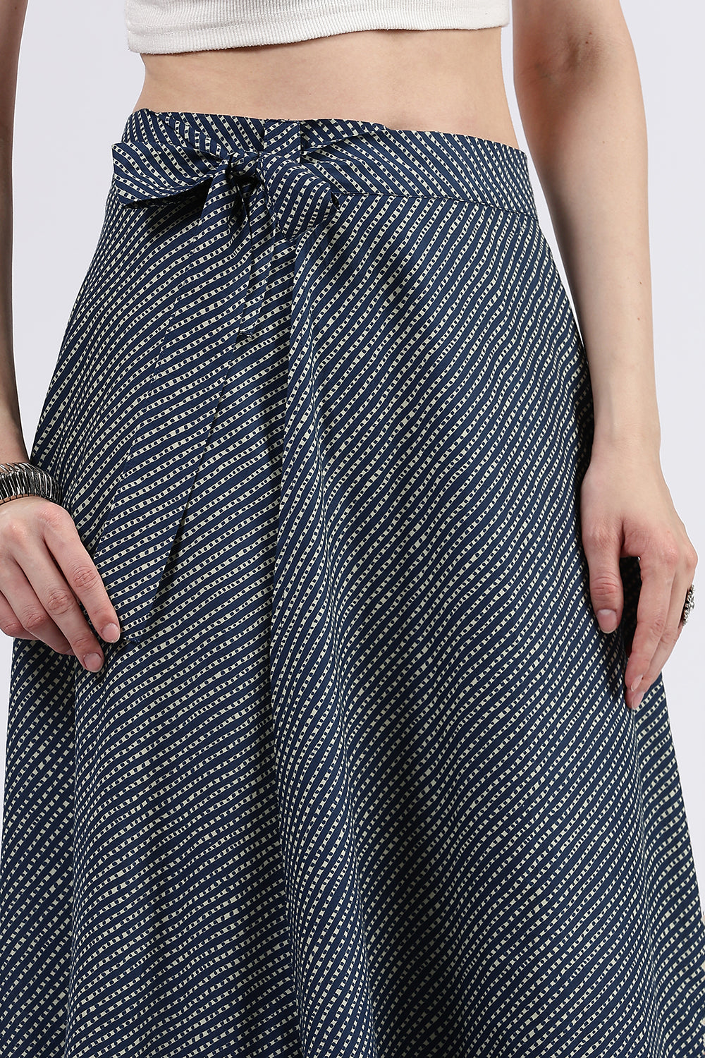 Mythri Women’s Cotton Blend Moroccan Geometric Printed Wrap Skirt with Tie Up - Blue - SK07