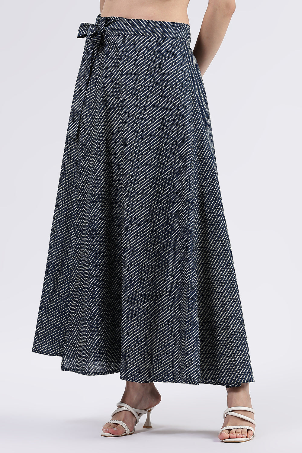Mythri Women’s Cotton Blend Moroccan Geometric Printed Wrap Skirt with Tie Up - Blue - SK07