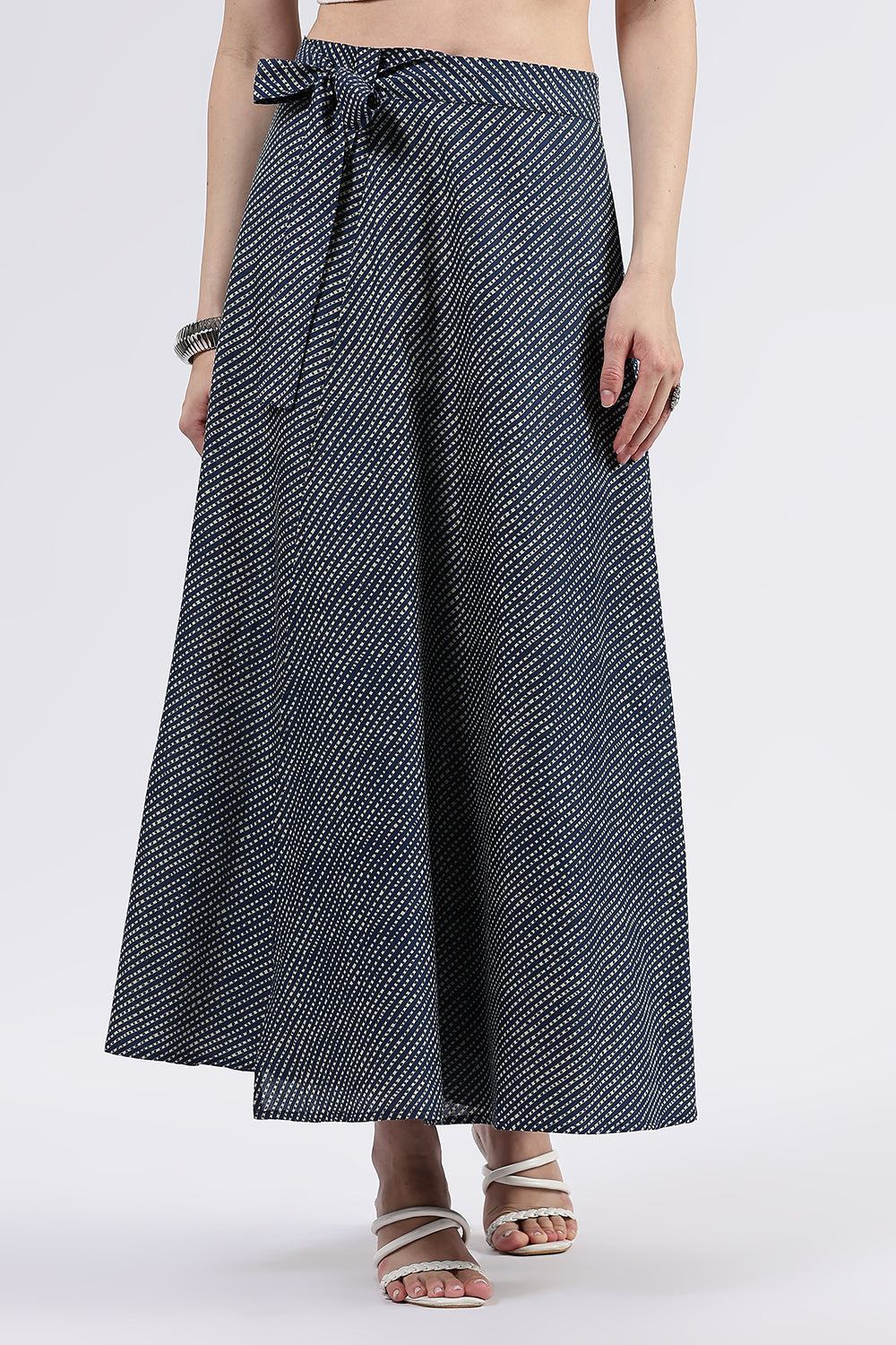Mythri Women’s Cotton Blend Moroccan Geometric Printed Wrap Skirt with Tie Up - Blue - SK07