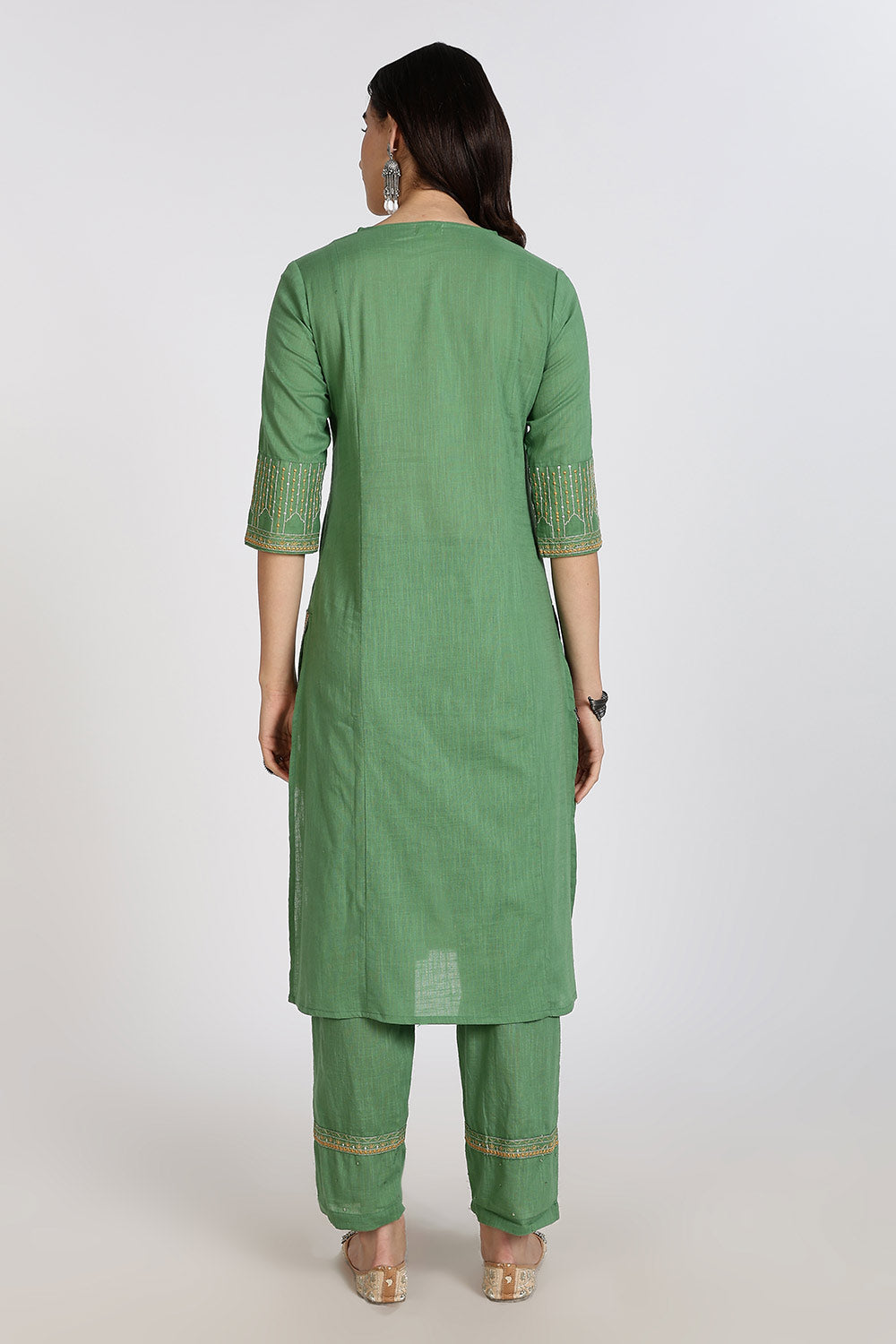 Mythri Women’s Cotton Cambric Kurthi Set 3 Piece Straight Cut Kurthi with Pants and Kota Cotton Shawl - Green - R502