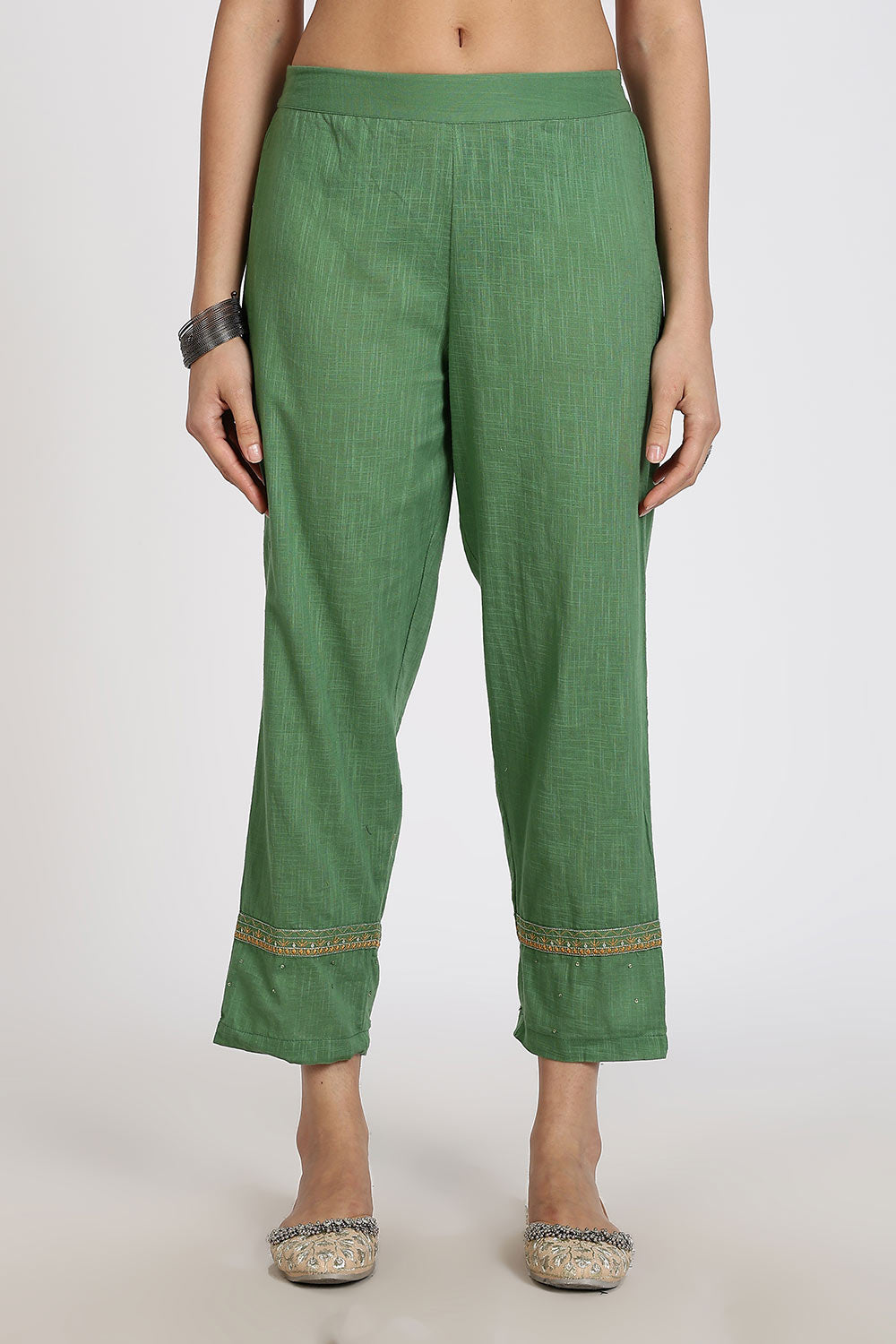 Mythri Women’s Cotton Cambric Kurthi Set 3 Piece Straight Cut Kurthi with Pants and Kota Cotton Shawl - Green - R502